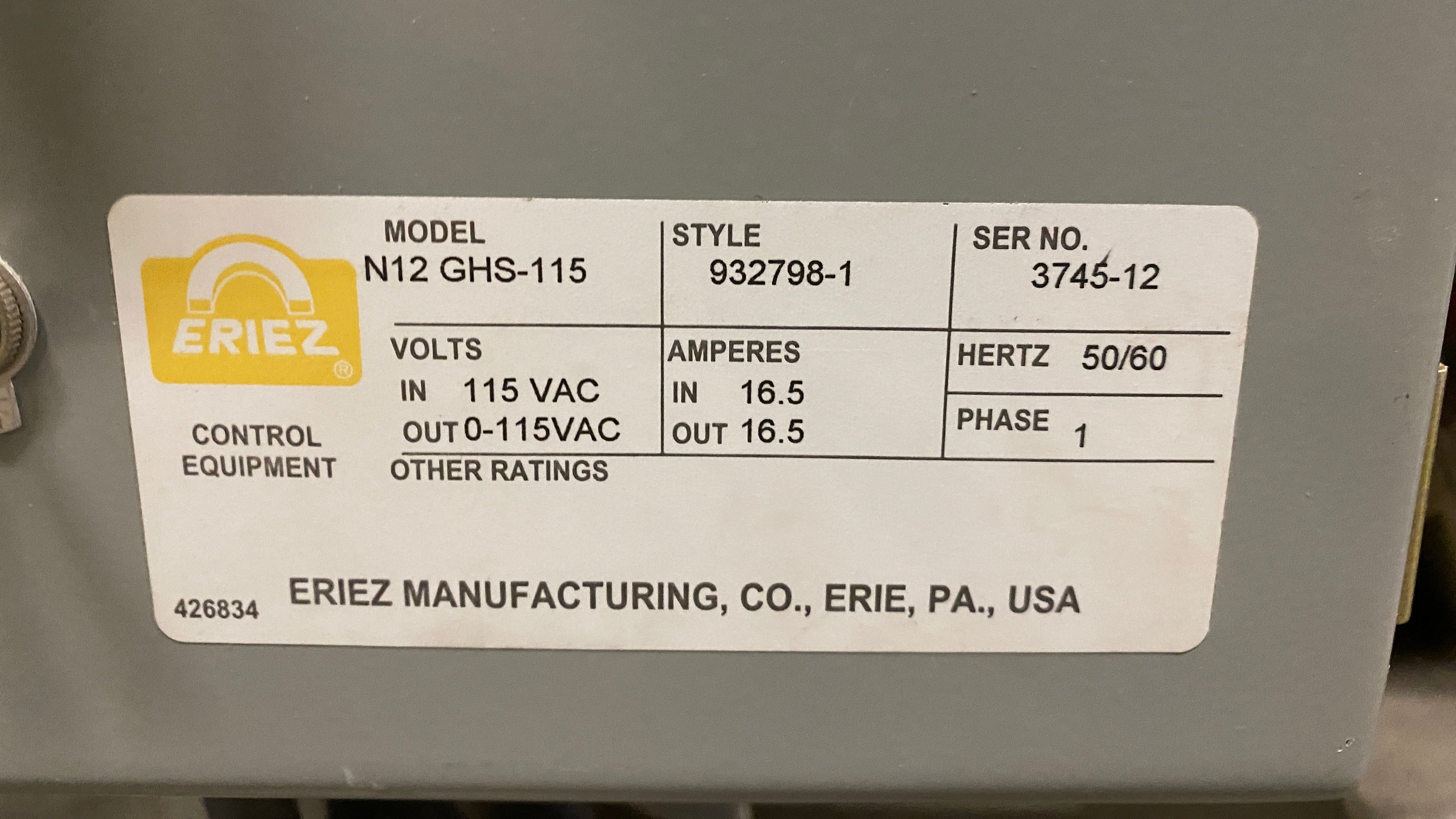 Eriez #N12-GHS-115 Vibrating Feeder Slot *For Parts Only*