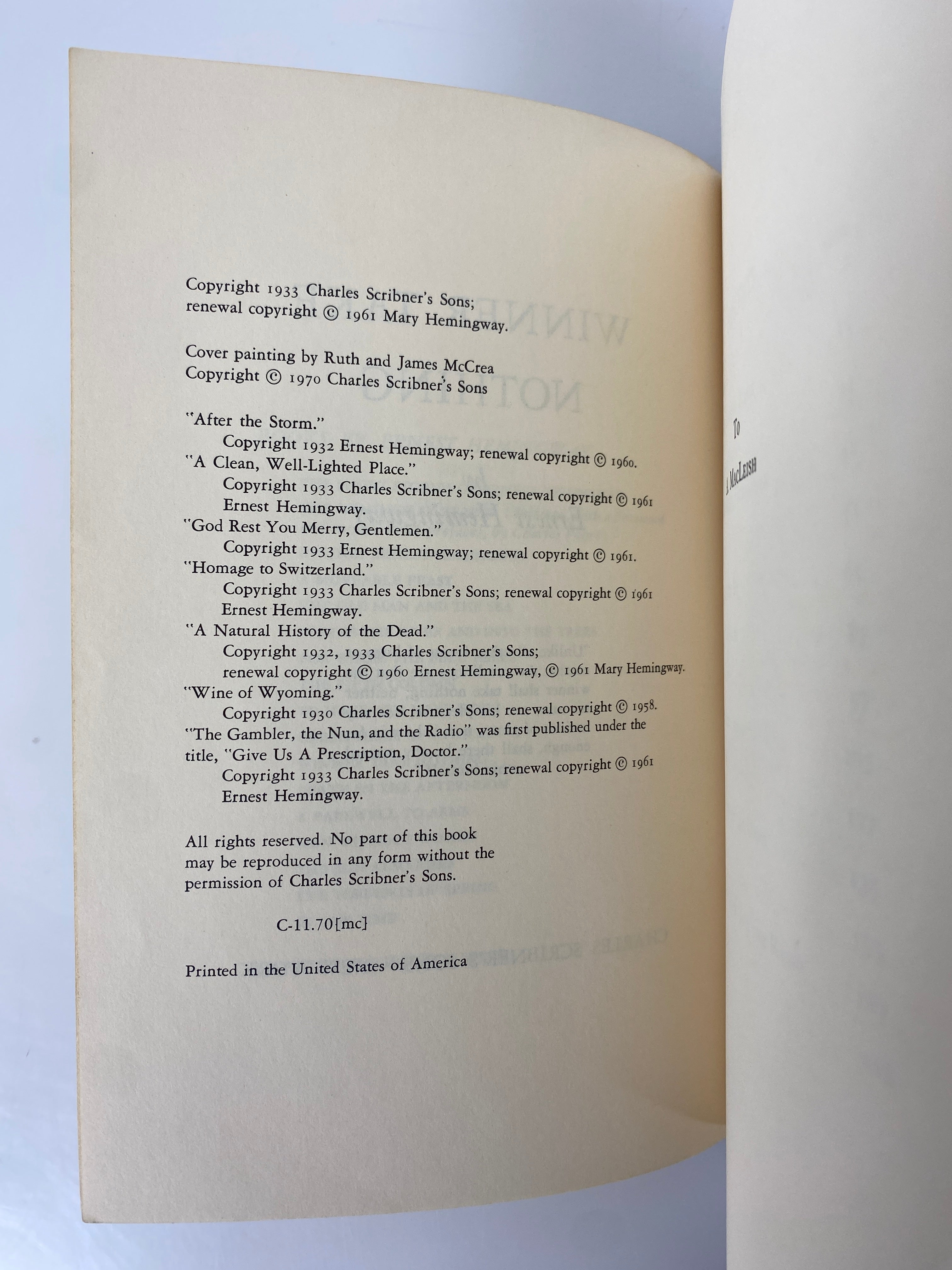 Ernest Hemingway Winner Take Nothing 1970 Vintage Scribner's PB
