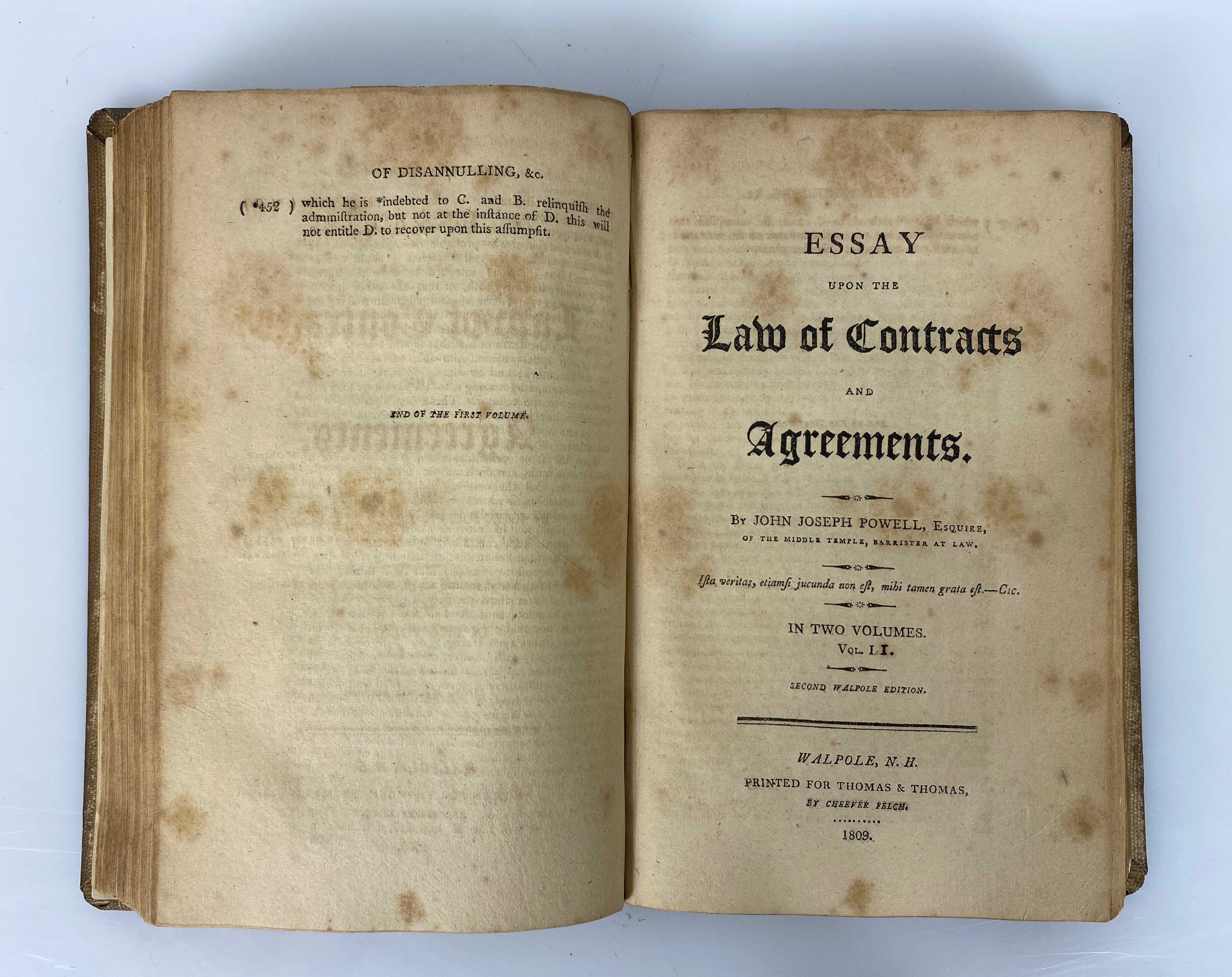 Essay Upon the Law of Contracts & Agreements 1809 2 Vols Rebound as 1 Ex-Library