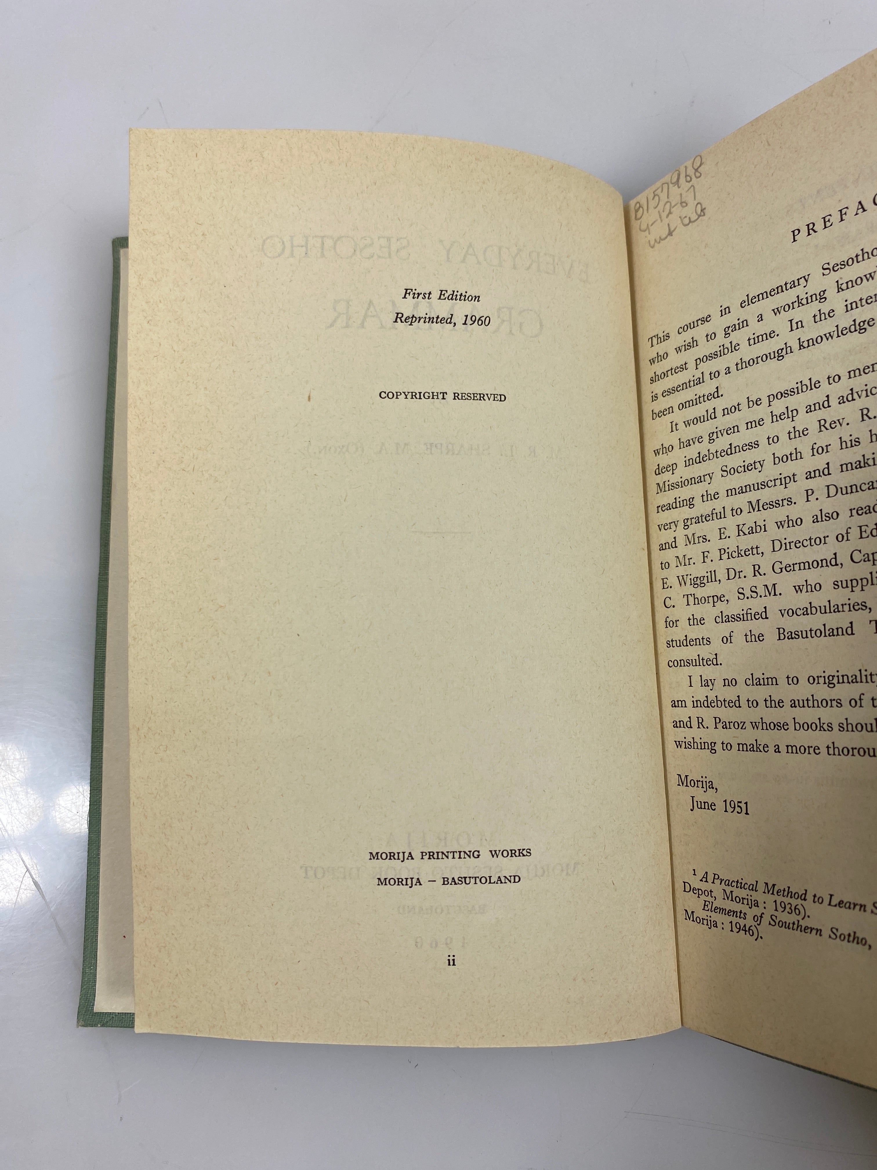 Everyday Sesotho Grammar by Sharpe Ex-library 1960 HC