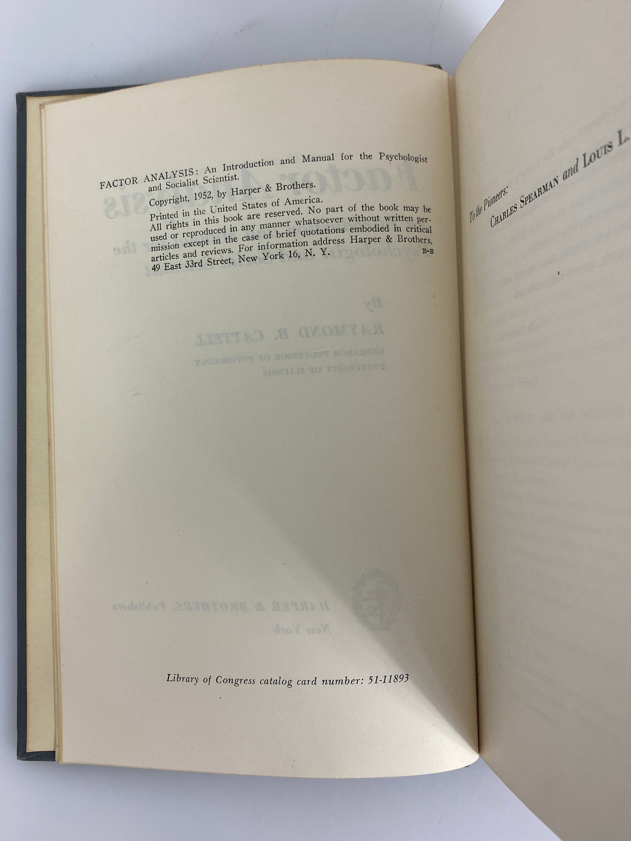 Factor Analysis by Raymond Cattell 1952 Vintage Harper & Brothers HC