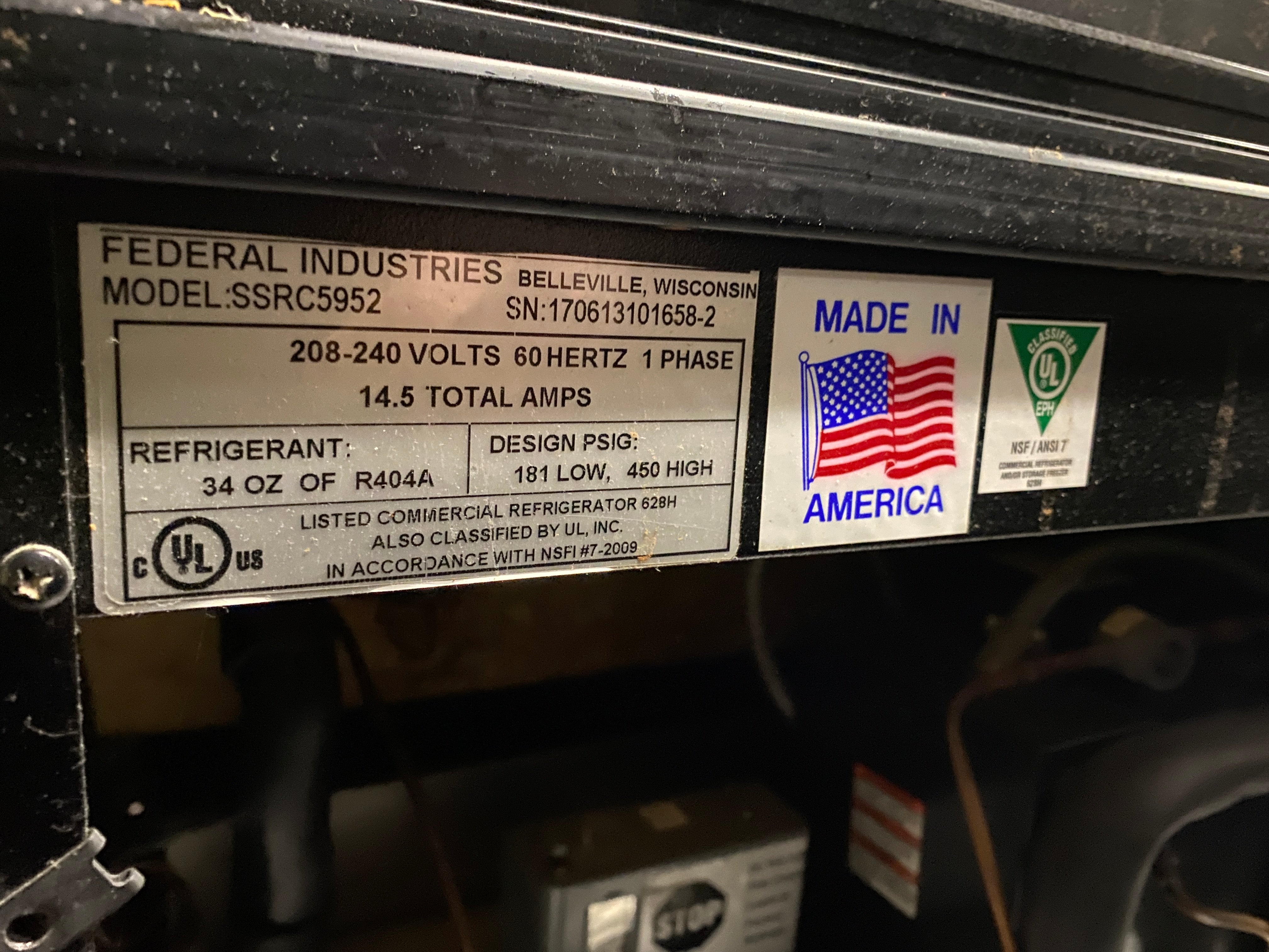 Federal Industries Model: #SSRC5952 Commercial Refrigerator/Freezer