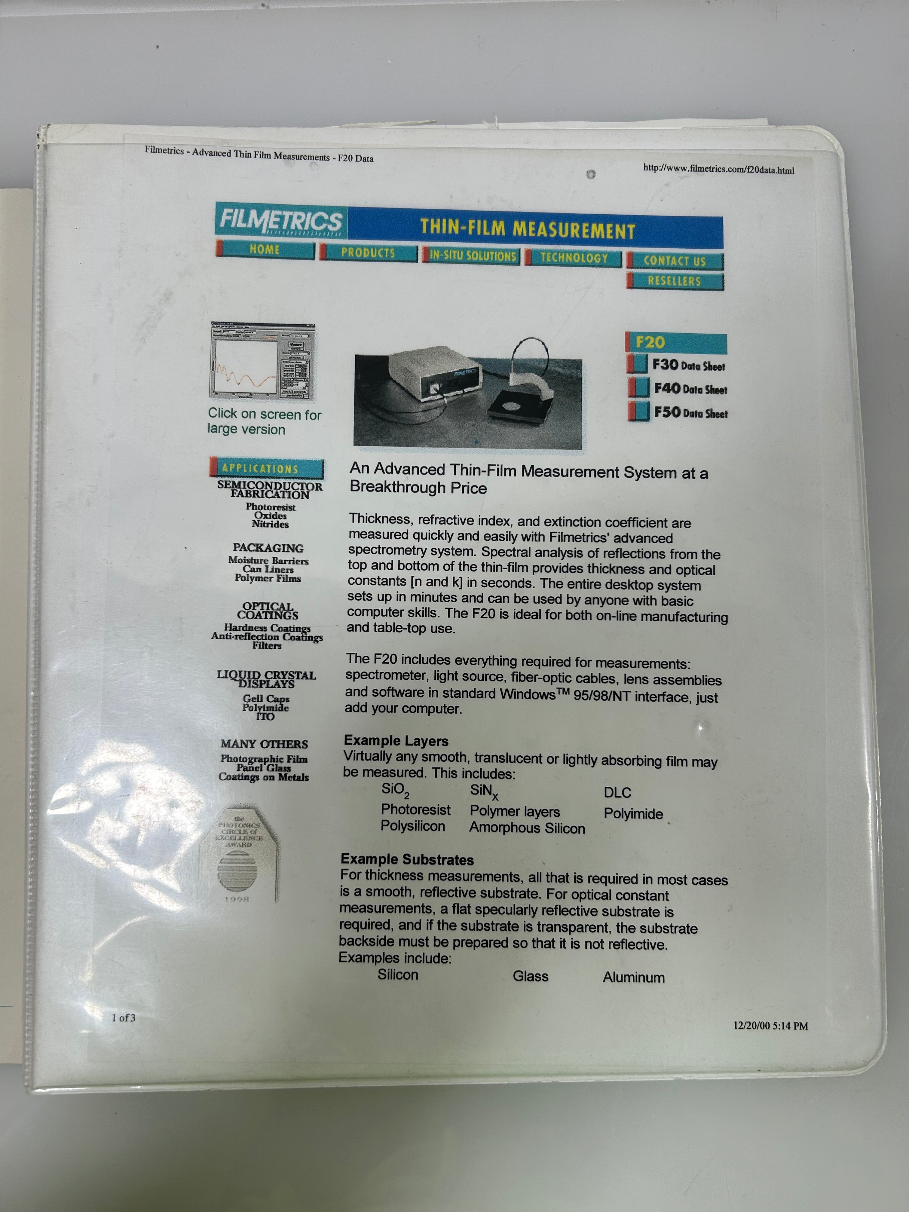 Filmetrics F20 Spectroscopic Reflectometry System