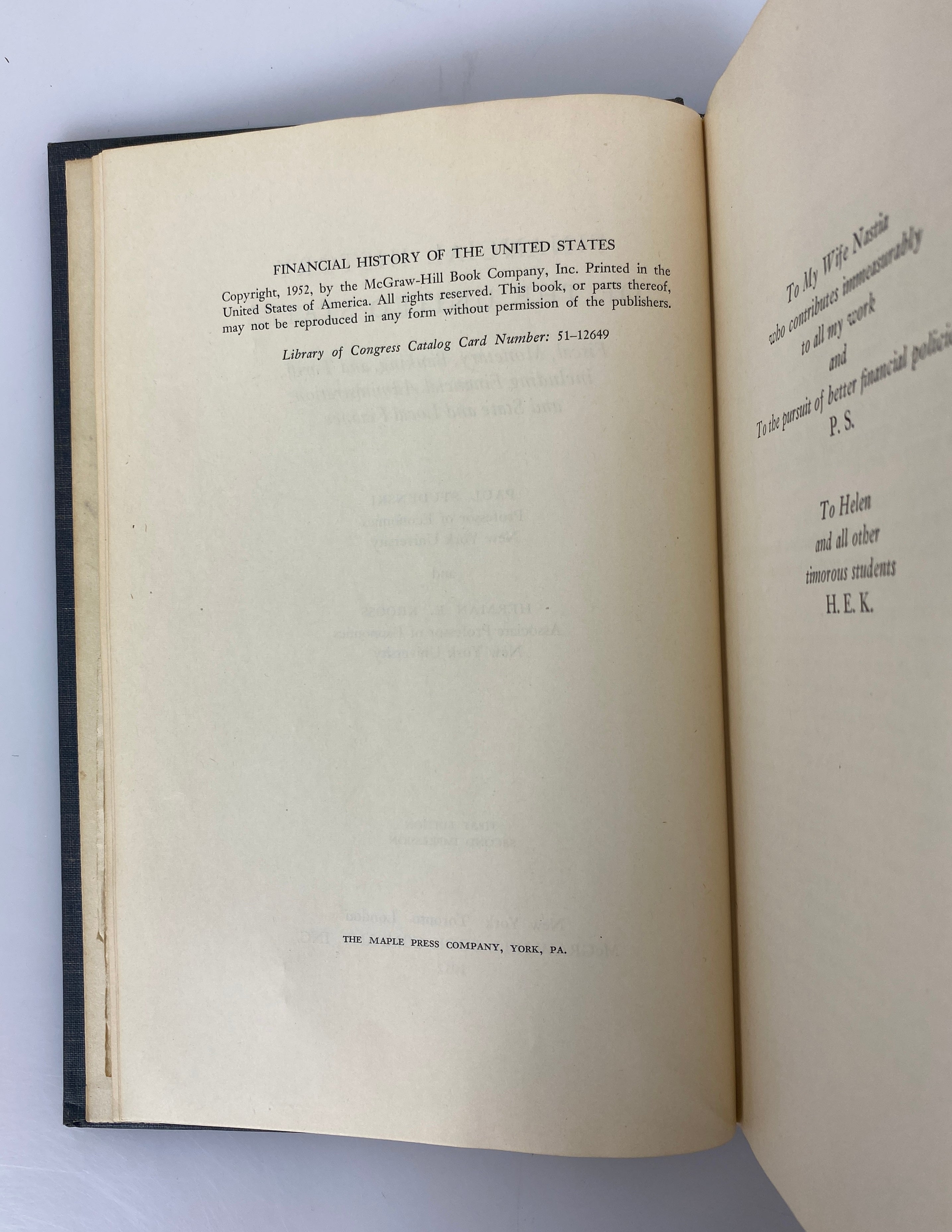 Financial History of the U.S. by Studenski/Krooss 1952 Signed HC w Bibliography
