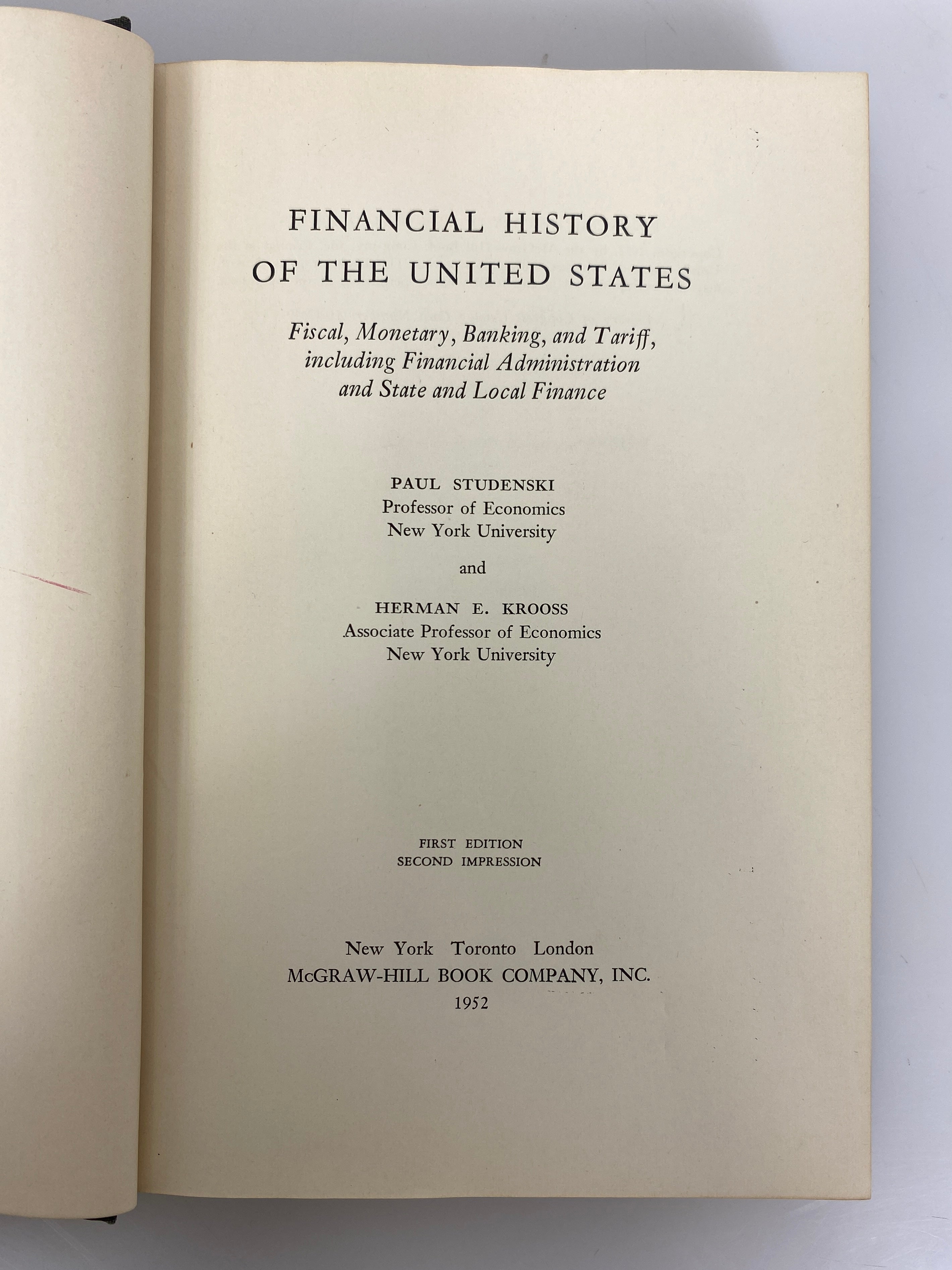 Financial History of the U.S. by Studenski/Krooss 1952 Signed HC w Bibliography