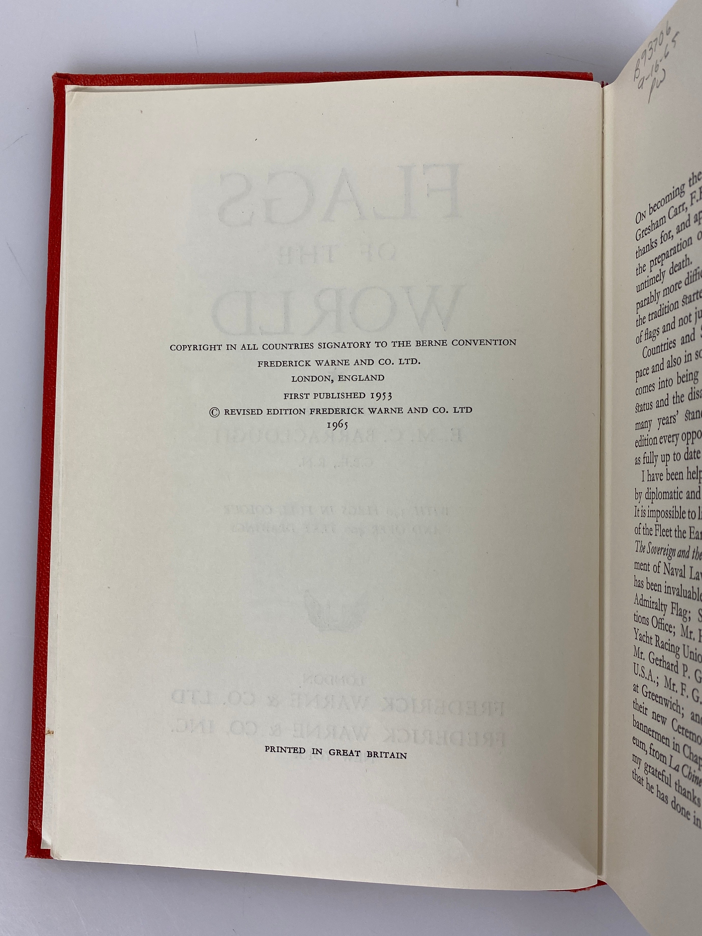 Flags of the World by Barraclough 1965 Revised Ed Ex-Library HC