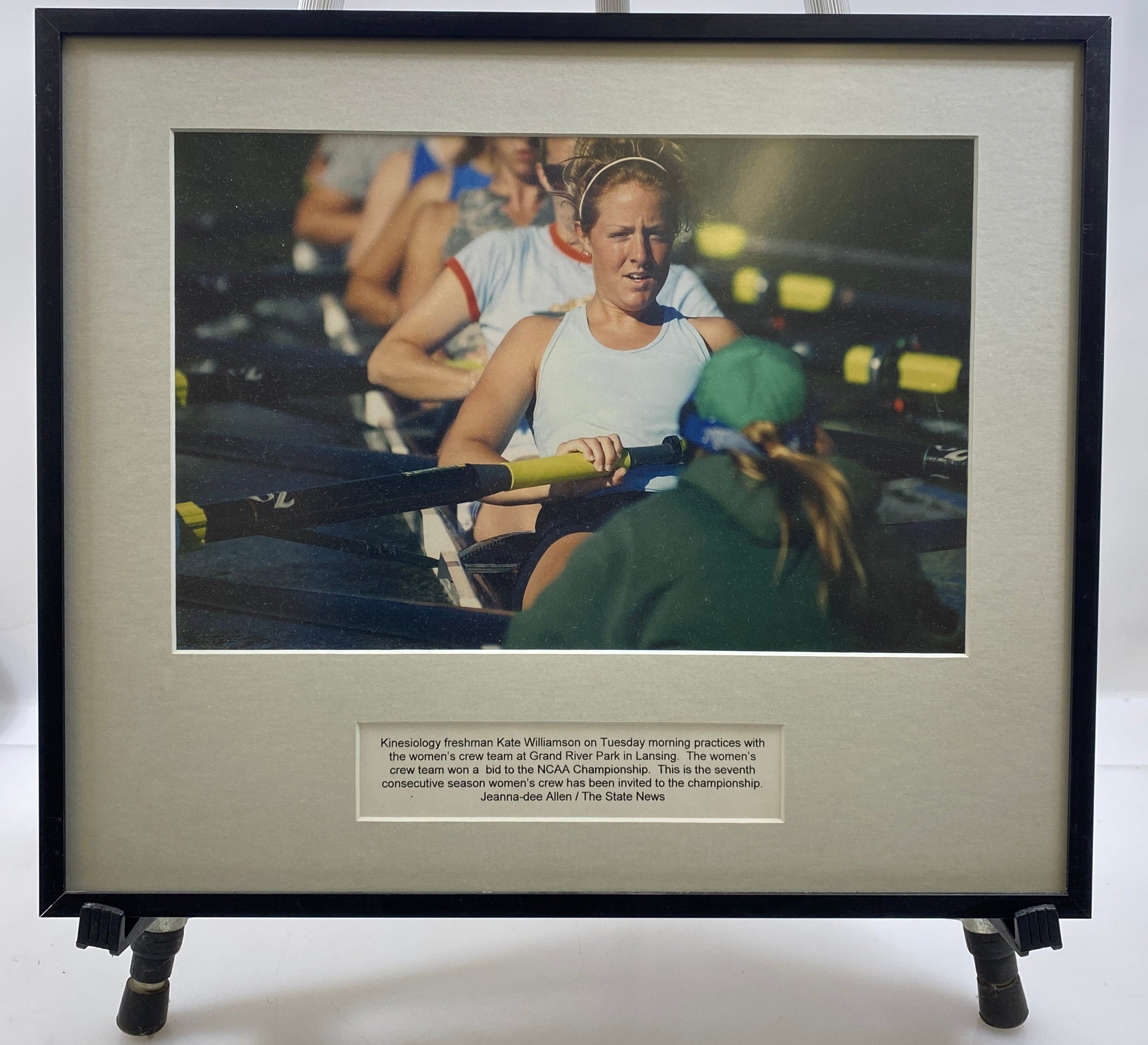 Framed Collegiate Women's Rowing Practice Newspaper Photo & Caption Display – Black Frame