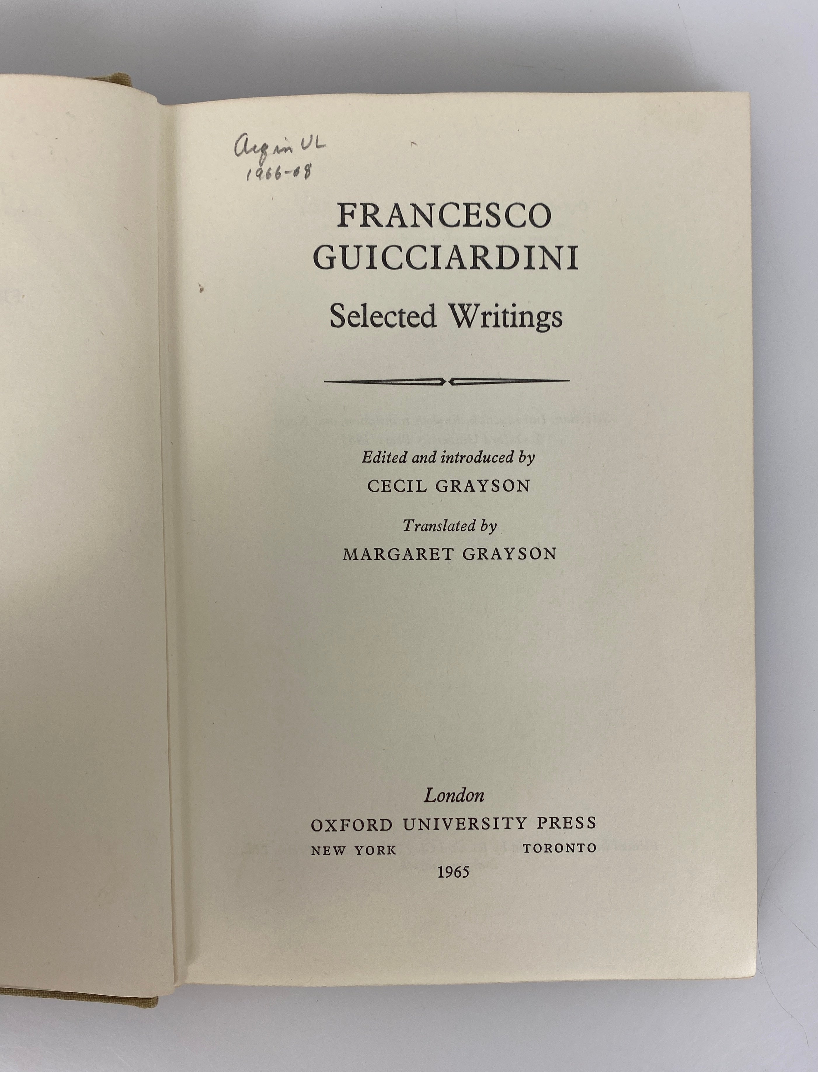 Francesco Guicciardini Selected Writings 1965 Ex-Library HC