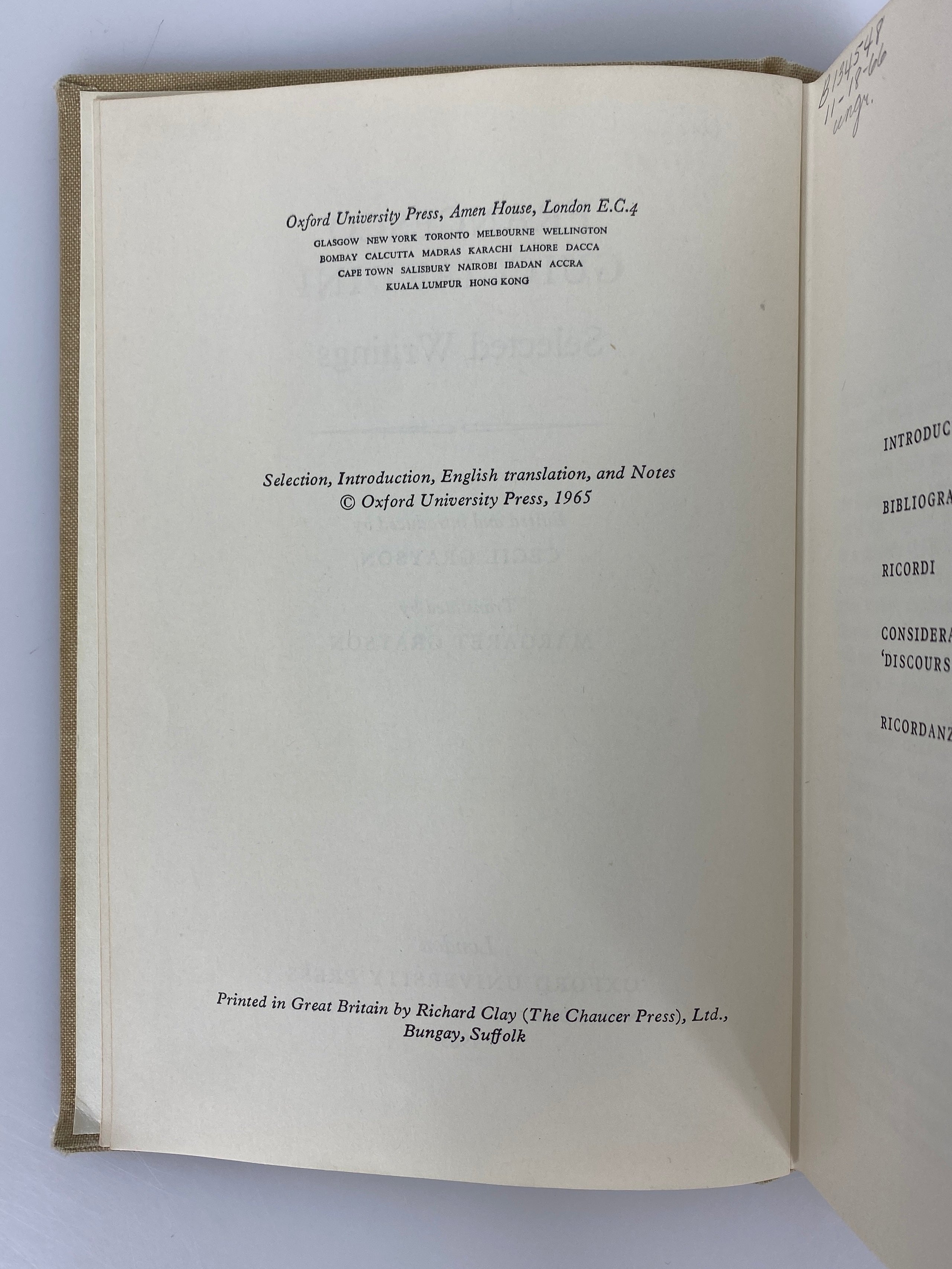 Francesco Guicciardini Selected Writings 1965 Ex-Library HC