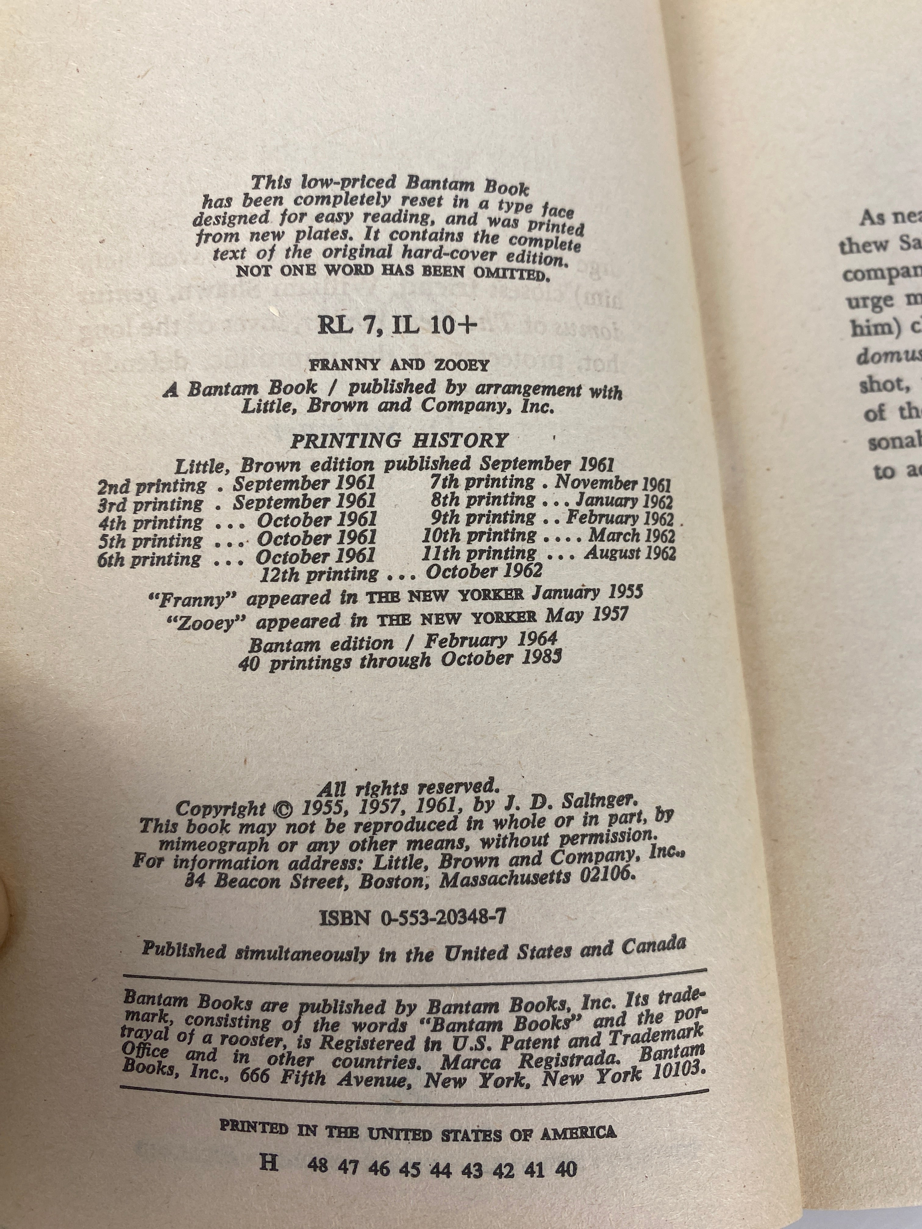 Franny and Zooey JD Salinger Vintage Paperback 1985