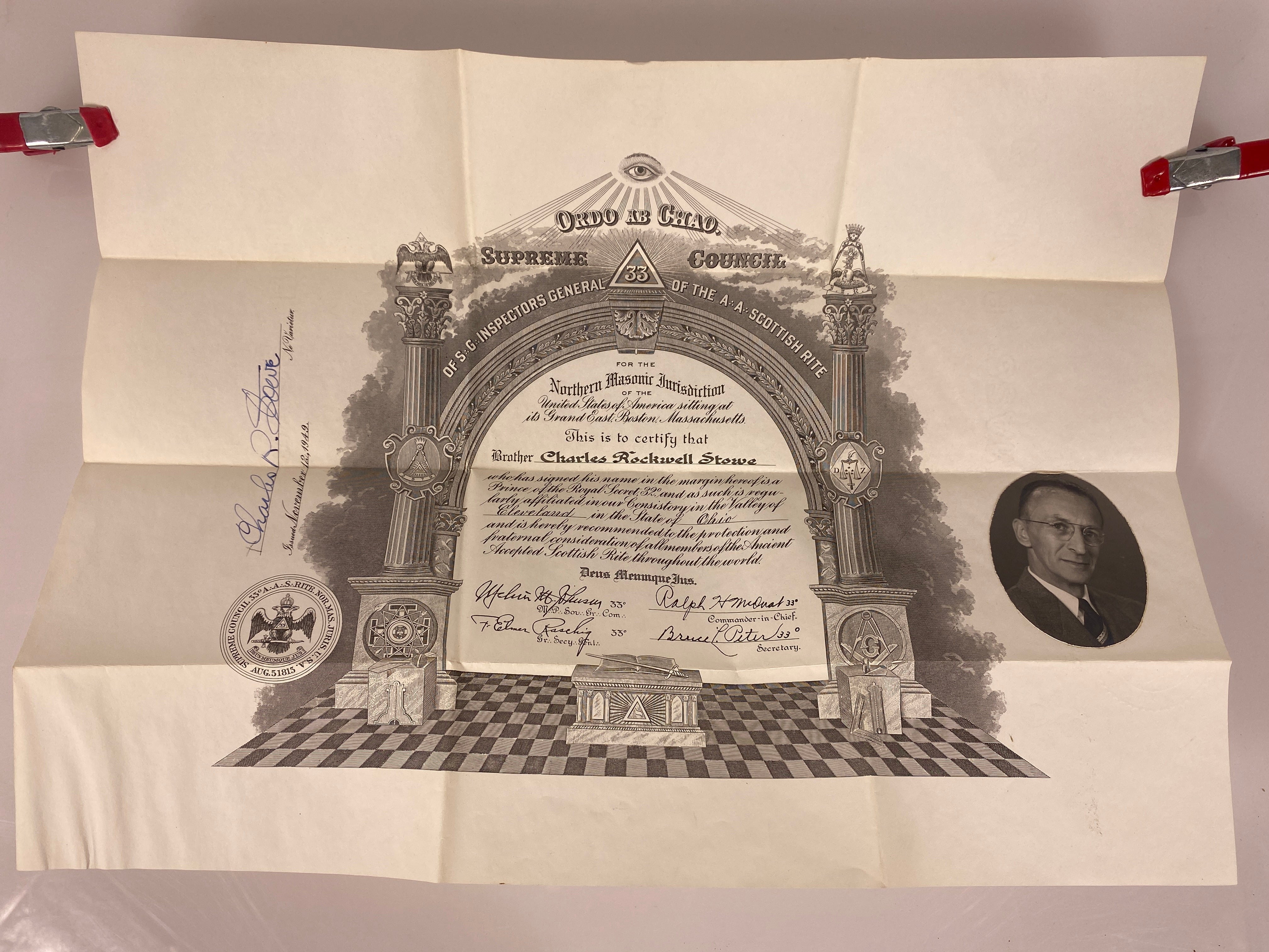 Freemason Vintage 33rd Degree Certificate with Pouch 1949