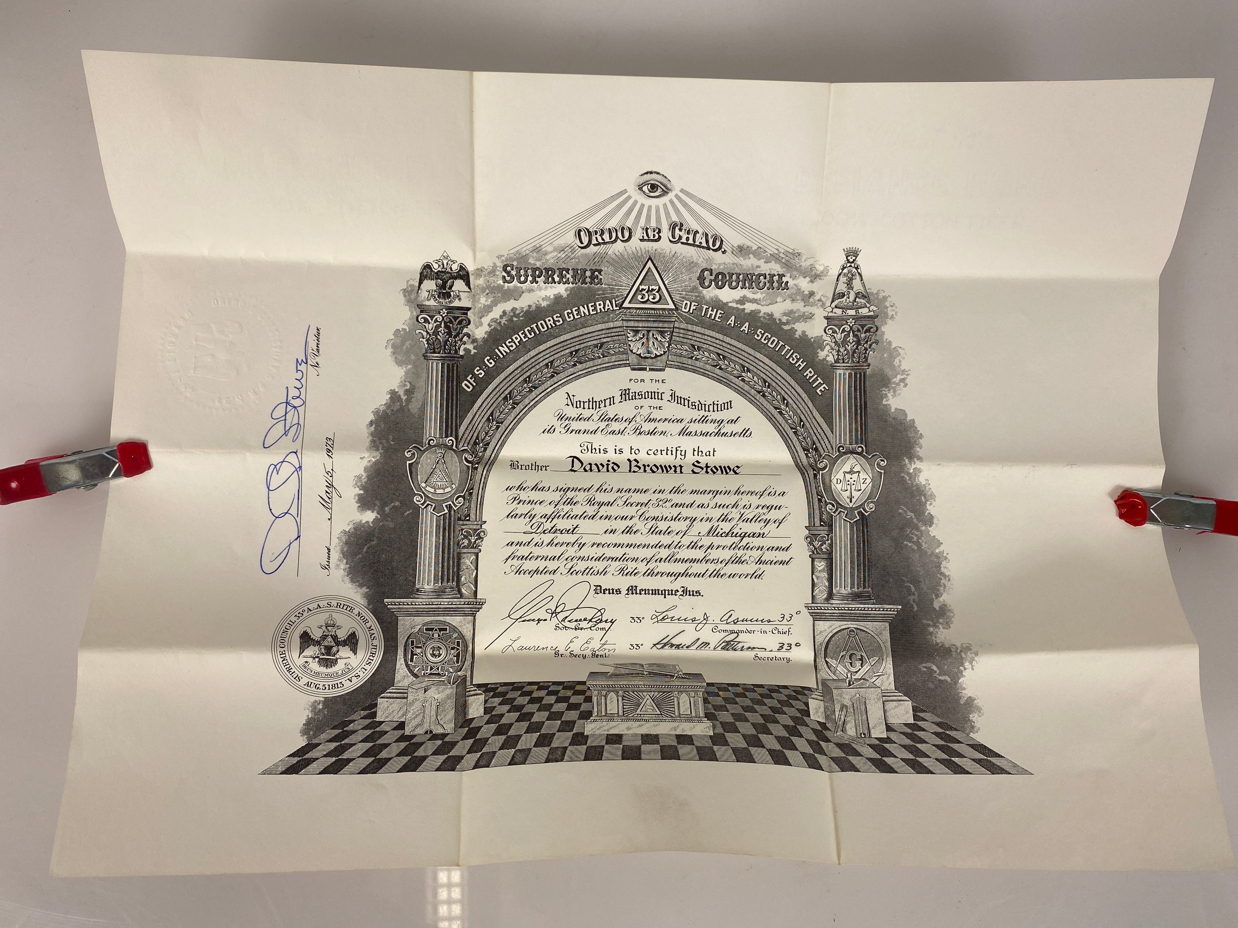 Freemason Vintage 33rd Degree Certificate with Pouch 1973