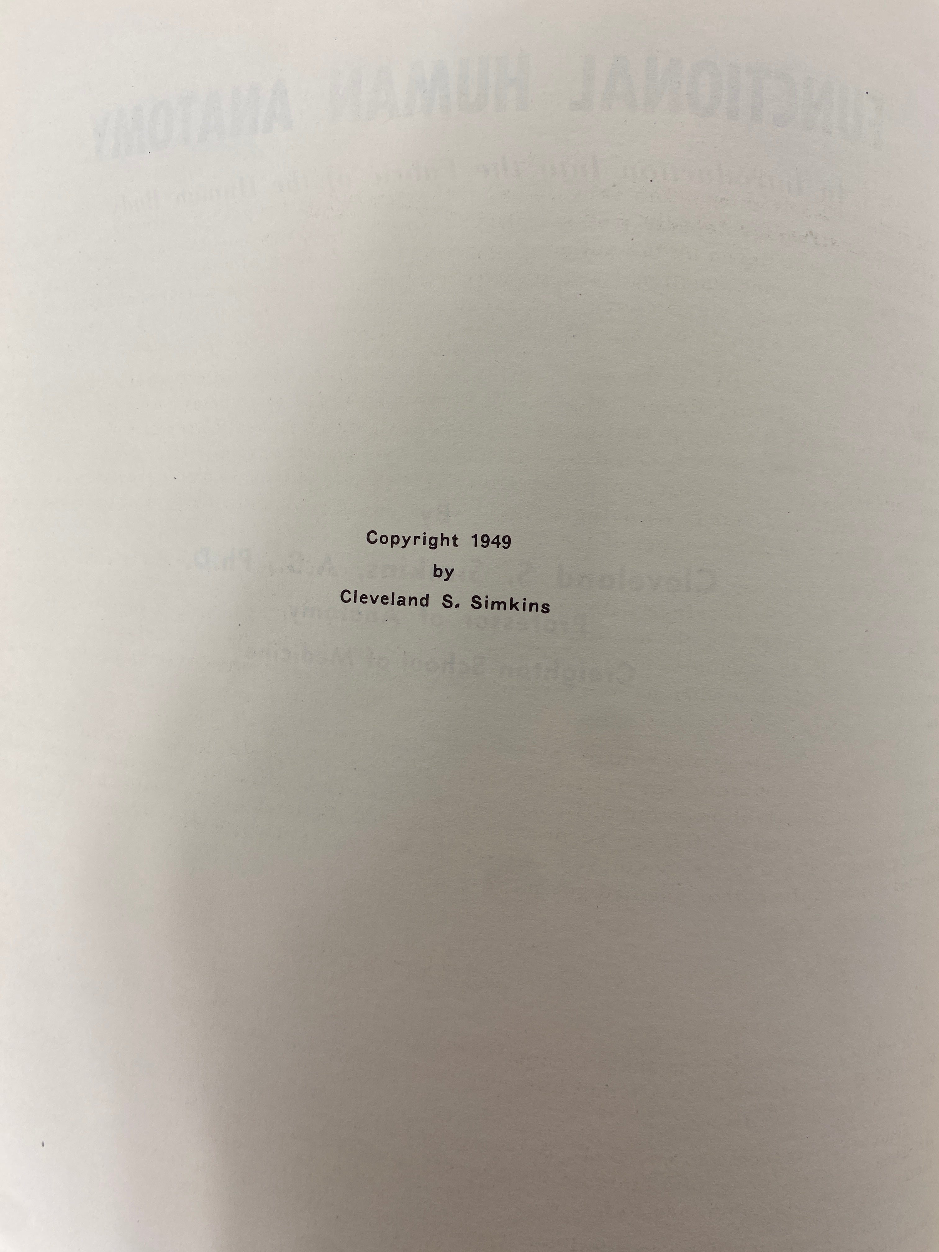 Functional Human Anatomy Cleveland Simkins 1949 Text Ex-Library HC