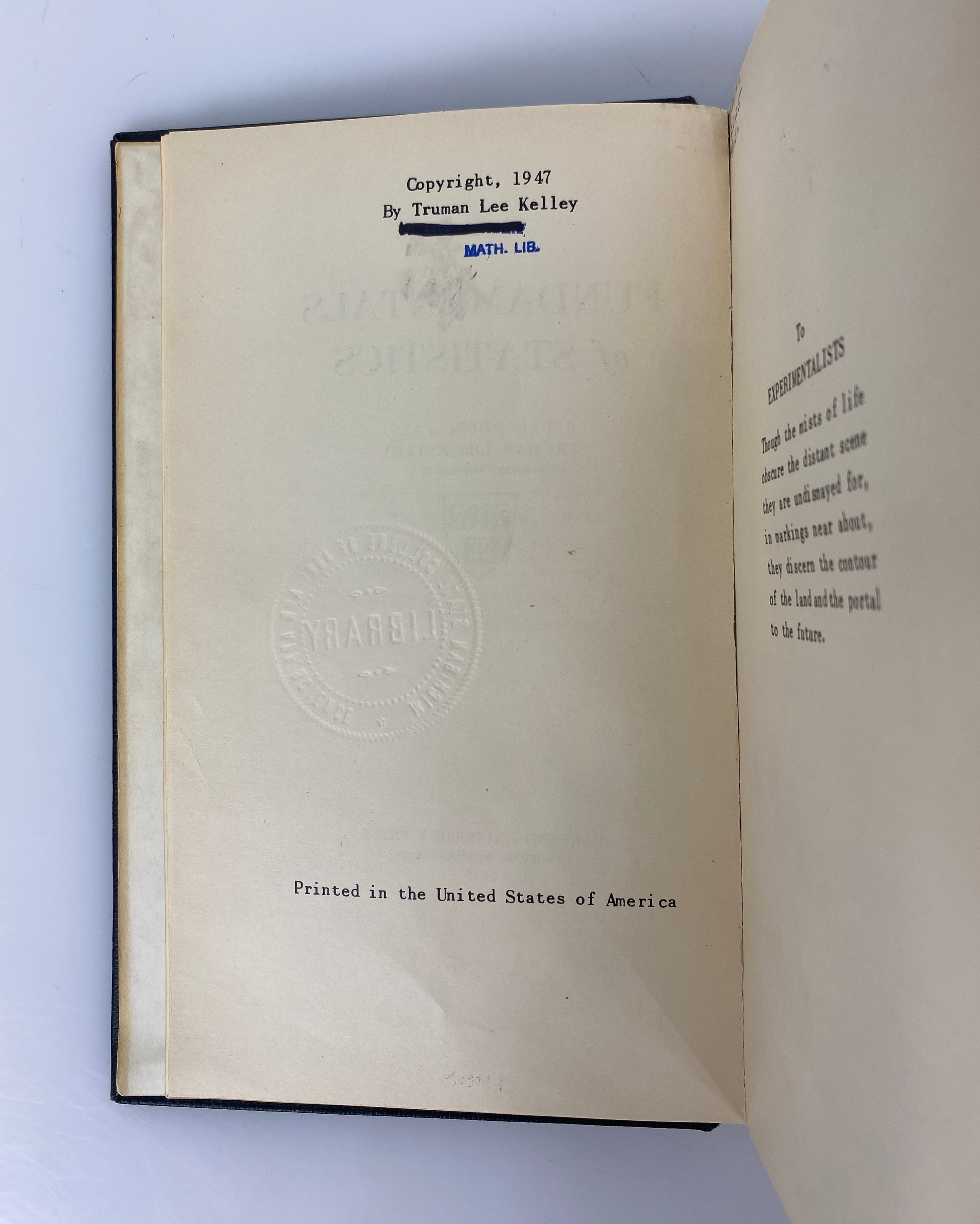 Fundamentals of Statistics by Truman Lee Kelley 1947 Ex-Library HC
