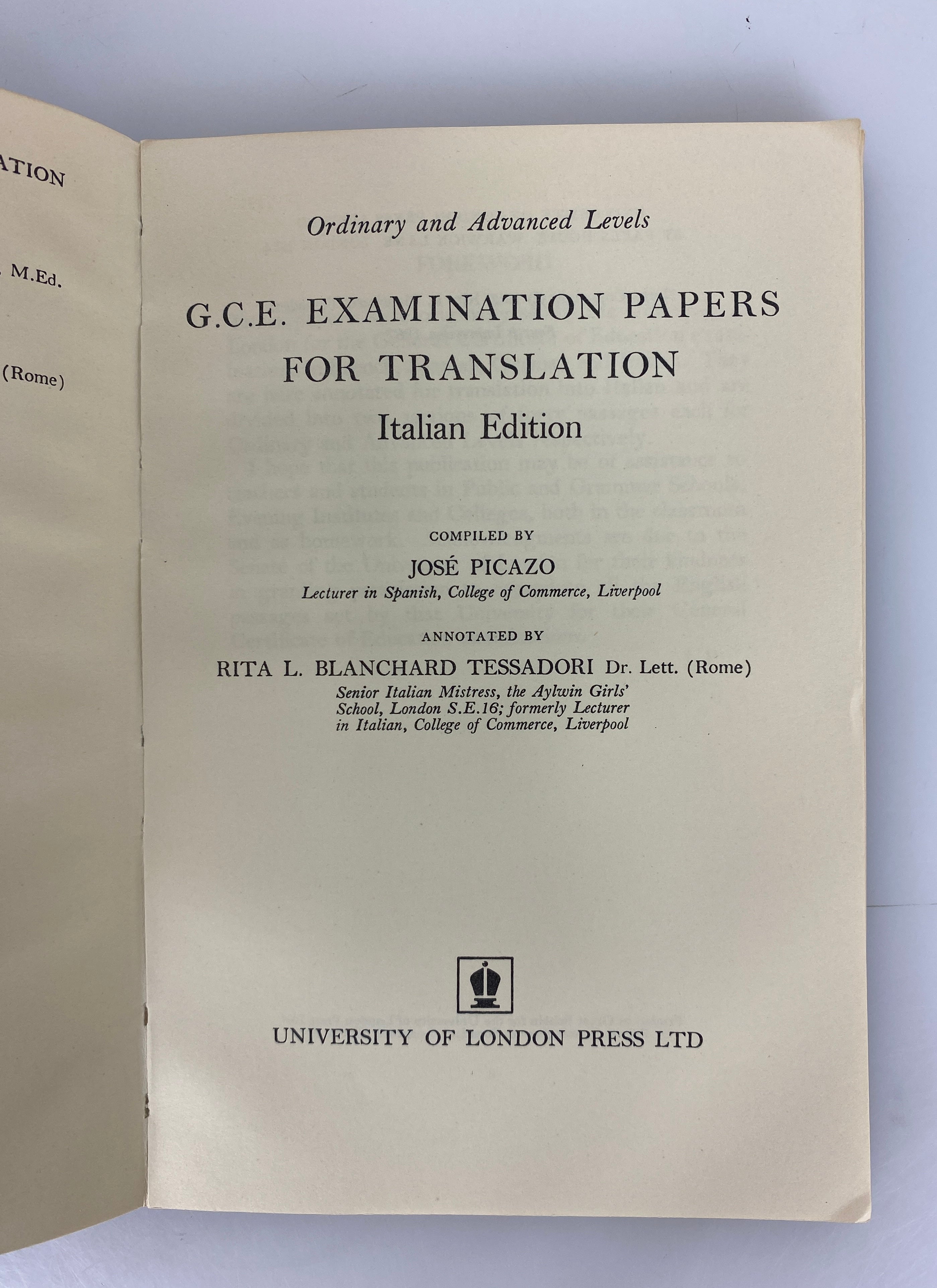 G.C.E. Examination Paper for Translation Italian Edition 1967 4th Impression SC