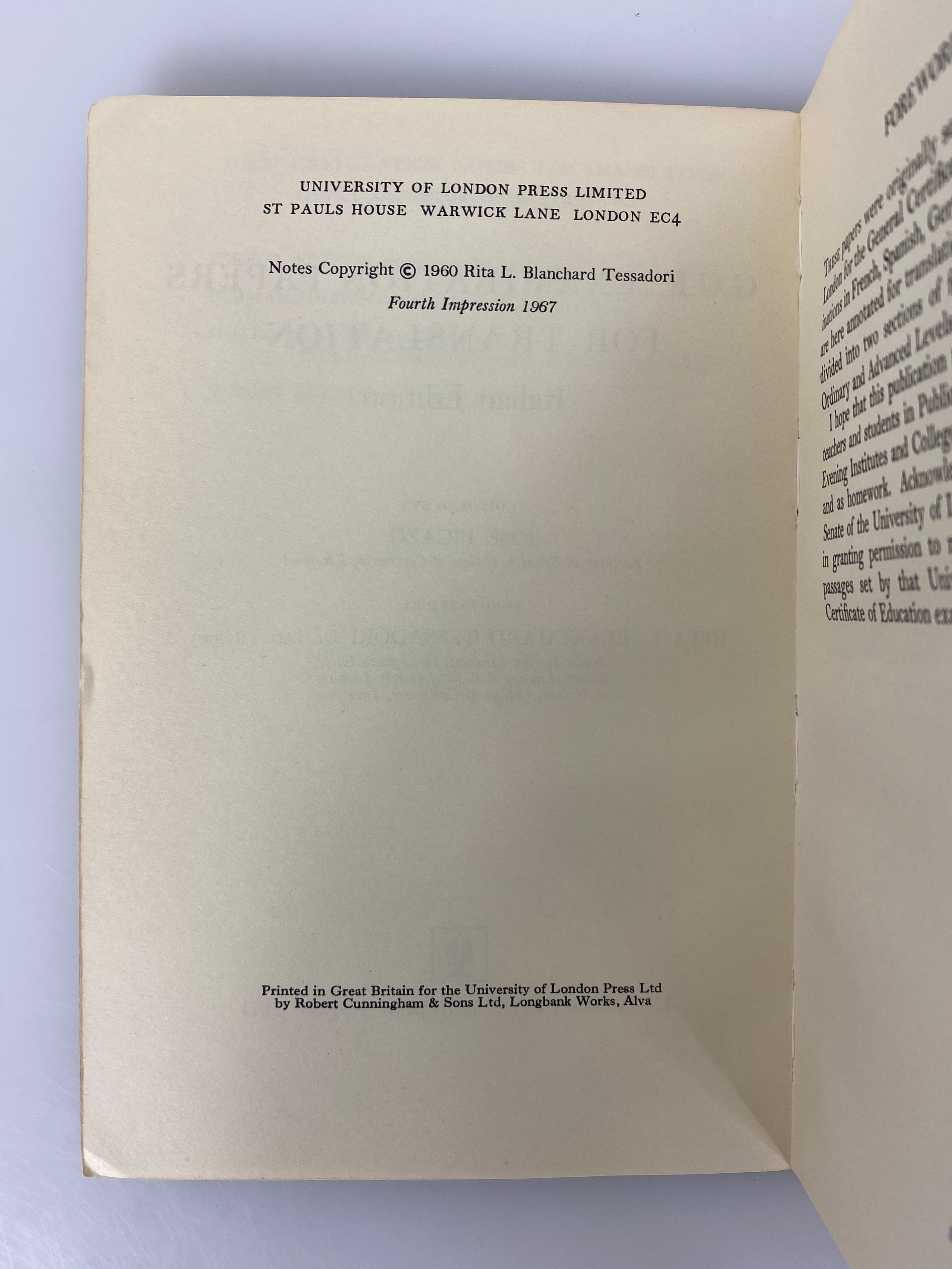 G.C.E. Examination Paper for Translation Italian Edition 1967 4th Impression SC