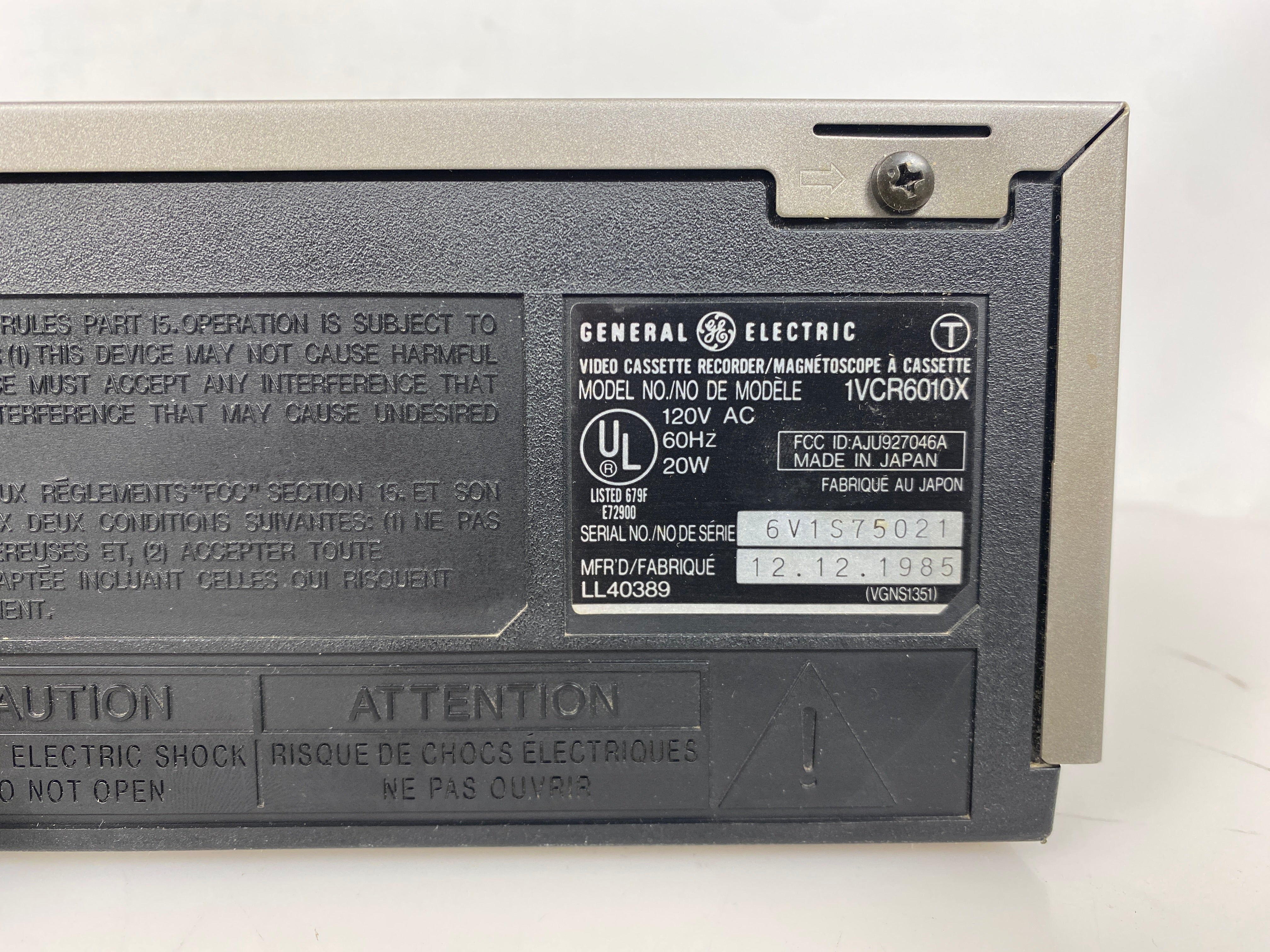 General Electric 1VCR6010X VCR *Parts*