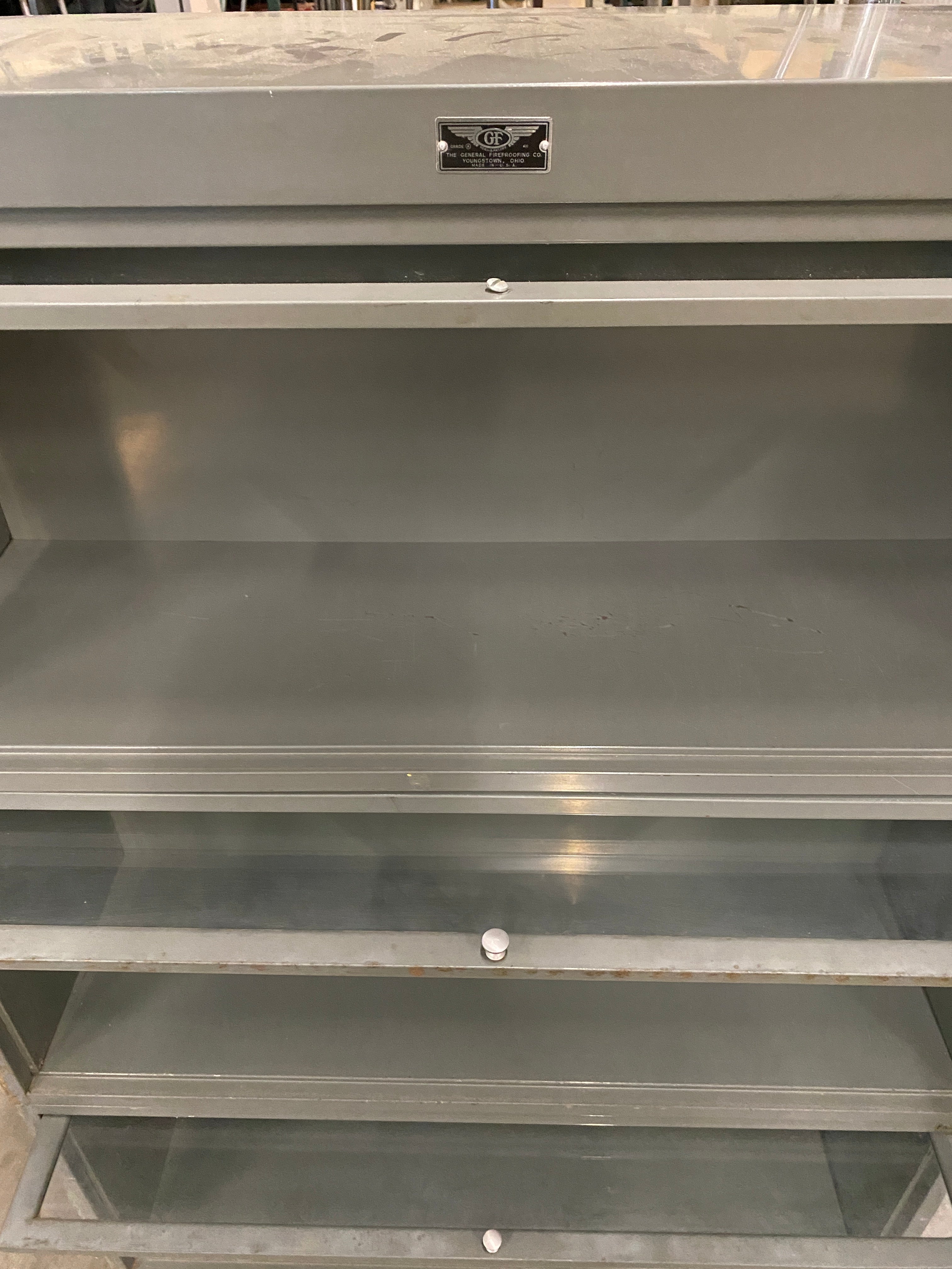 General Fireproofing Grey Barrister Glass Front Doors Cabinet w/ Metal Base