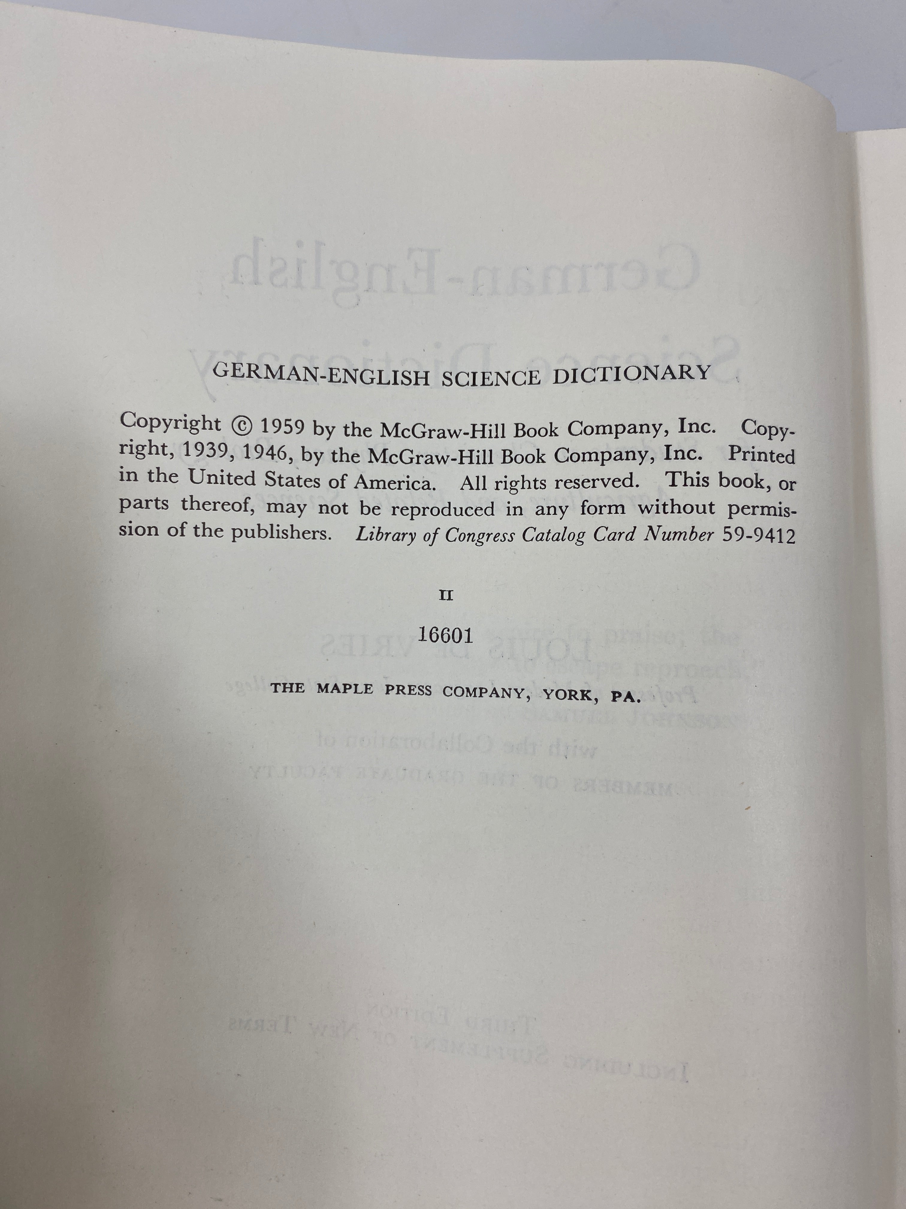 German-English Science Dictionary by De Vries 3rd Edition 1959 HC