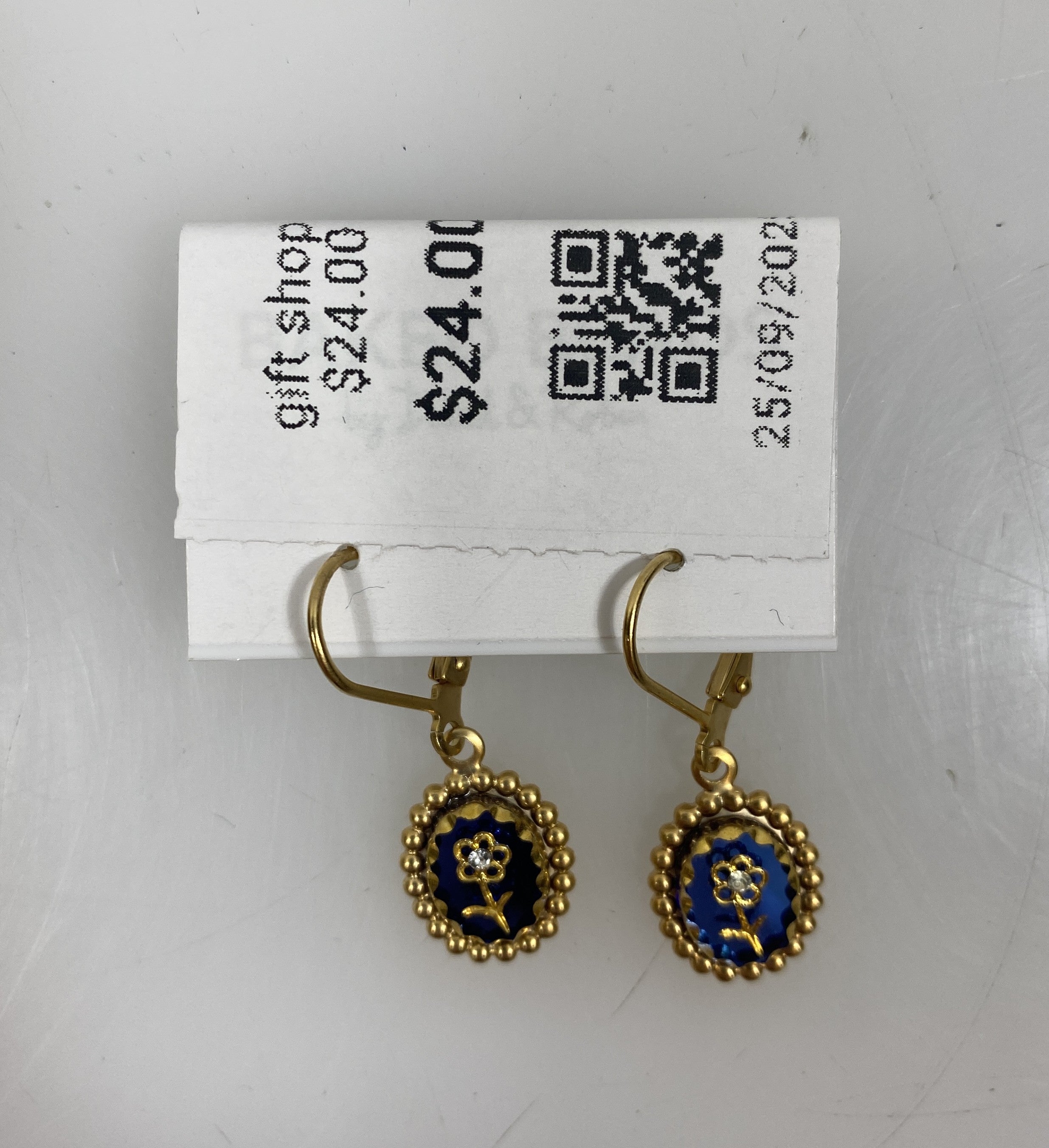 Gold Blue Etched Flower Earrings