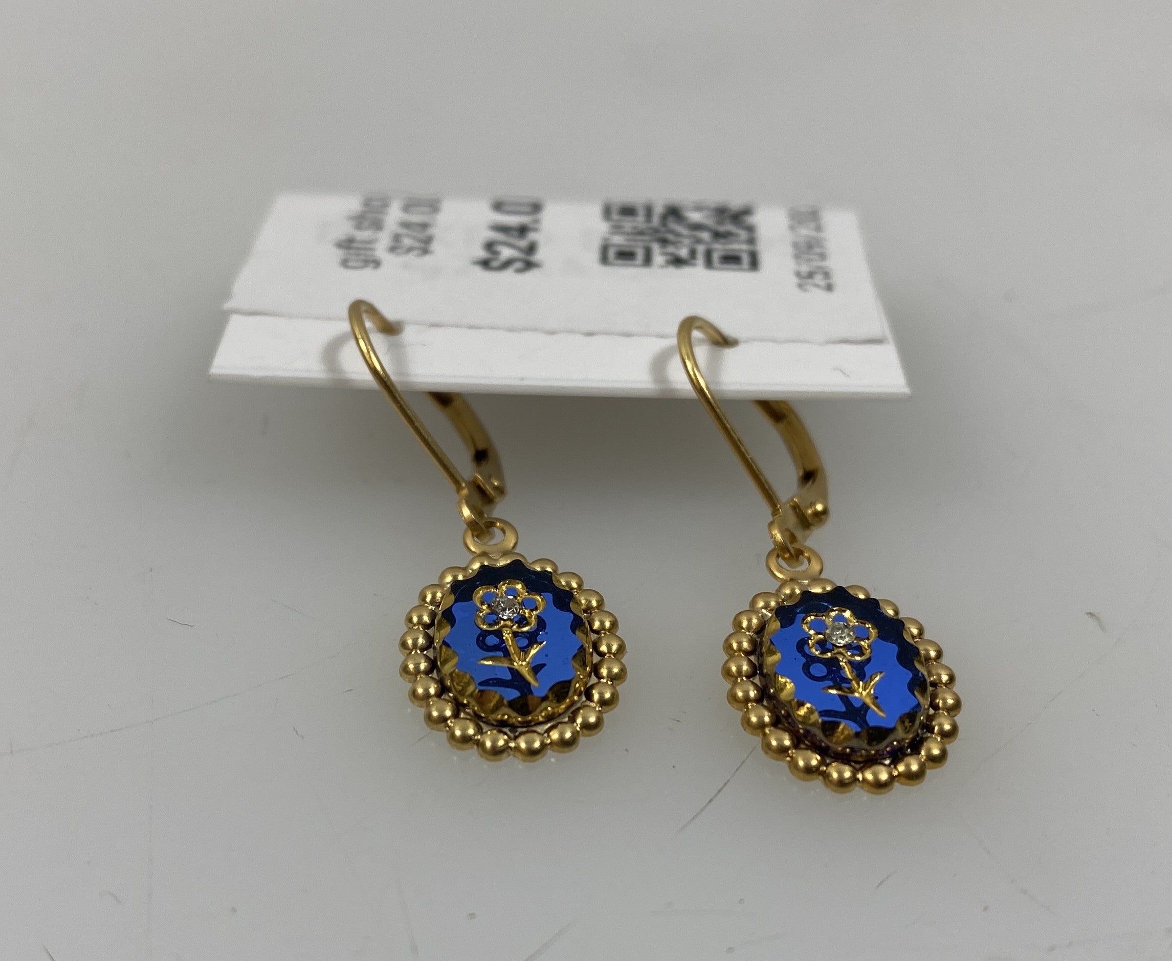Gold Blue Etched Flower Earrings