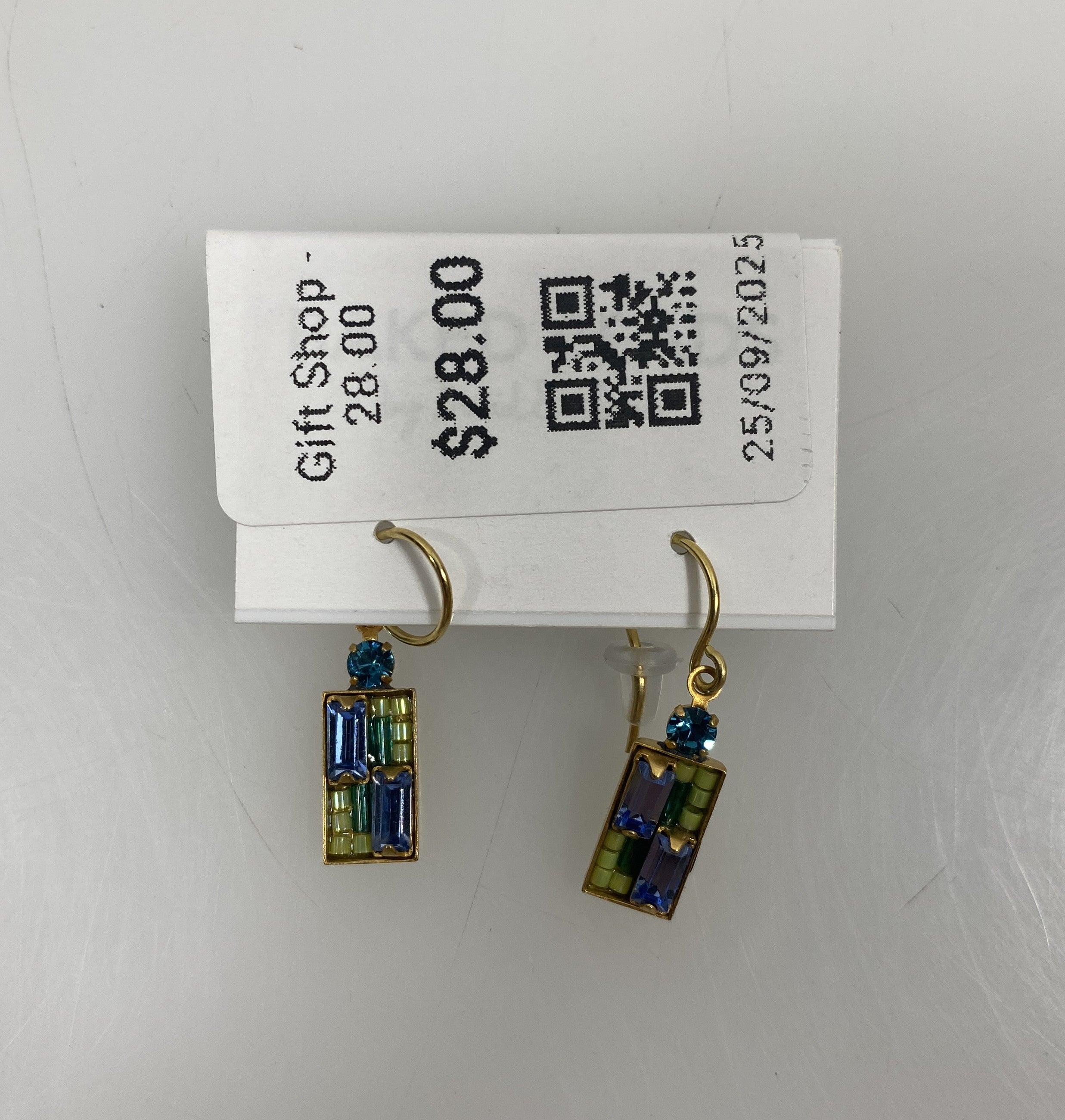 Gold Green and Blue Rectangle Mosaic Earrings