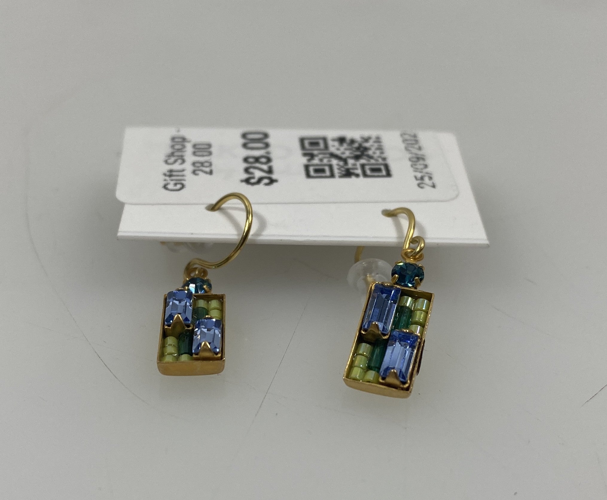 Gold Green and Blue Rectangle Mosaic Earrings