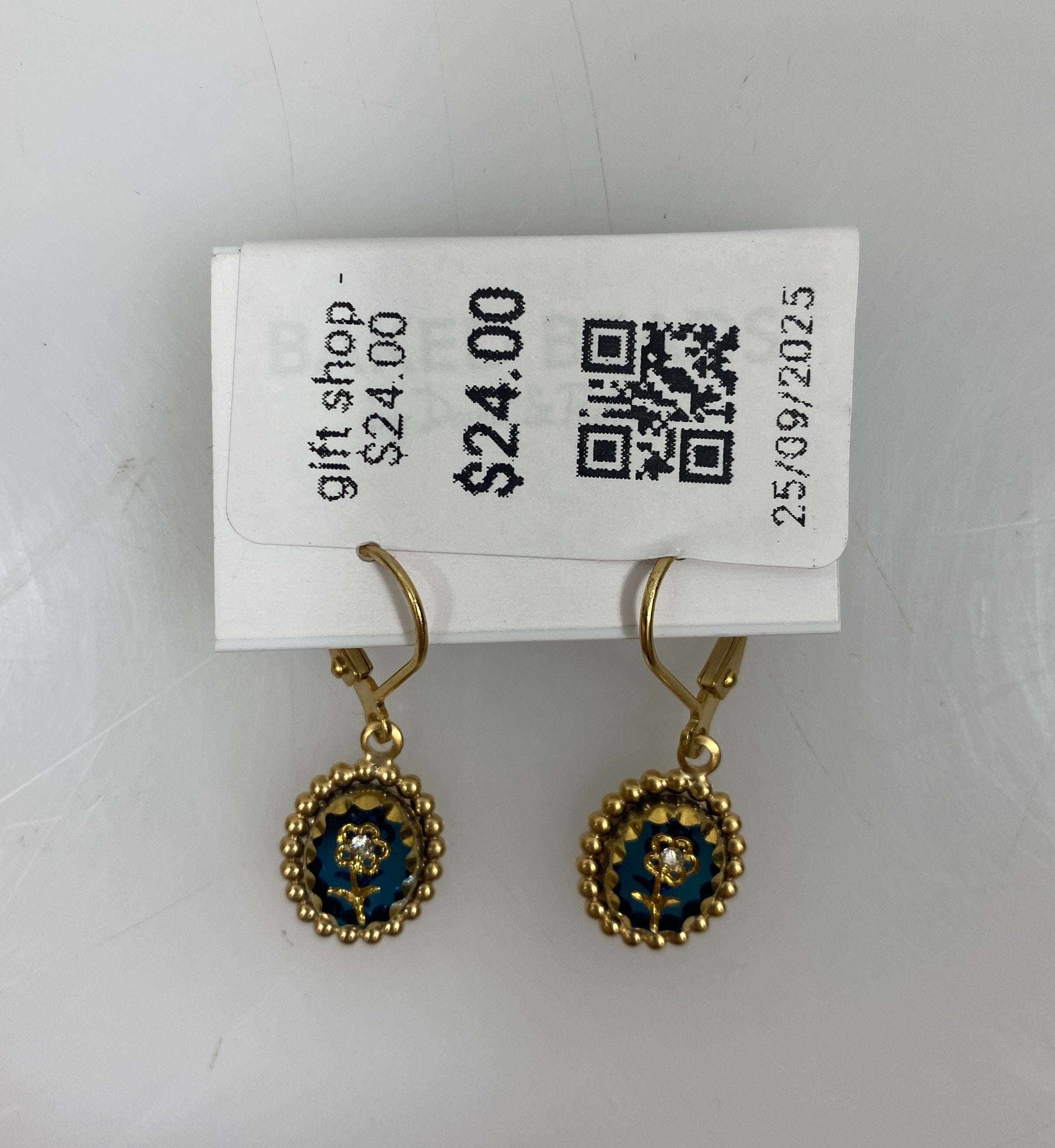 Gold Green Etched Flower Earrings
