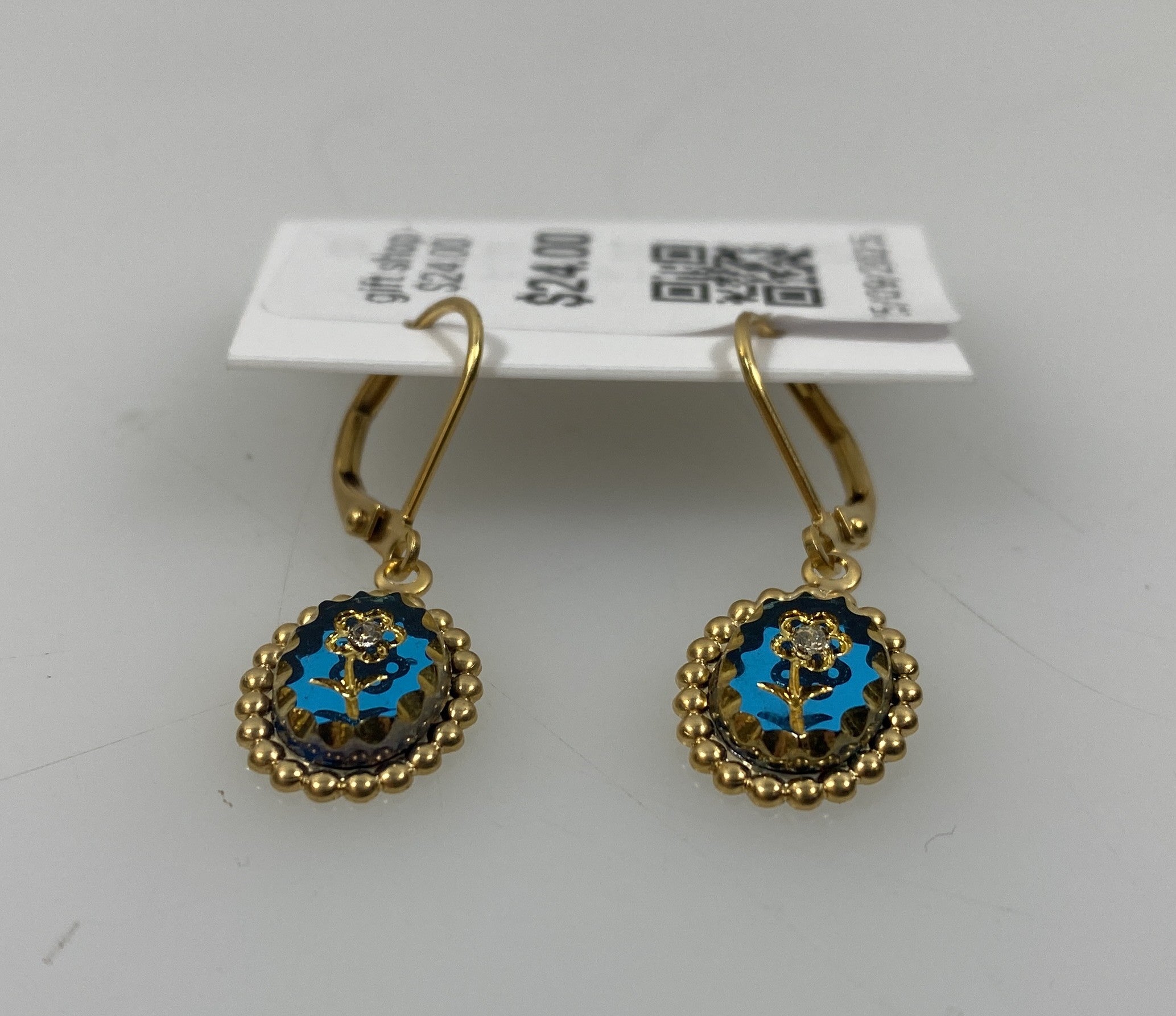 Gold Green Etched Flower Earrings