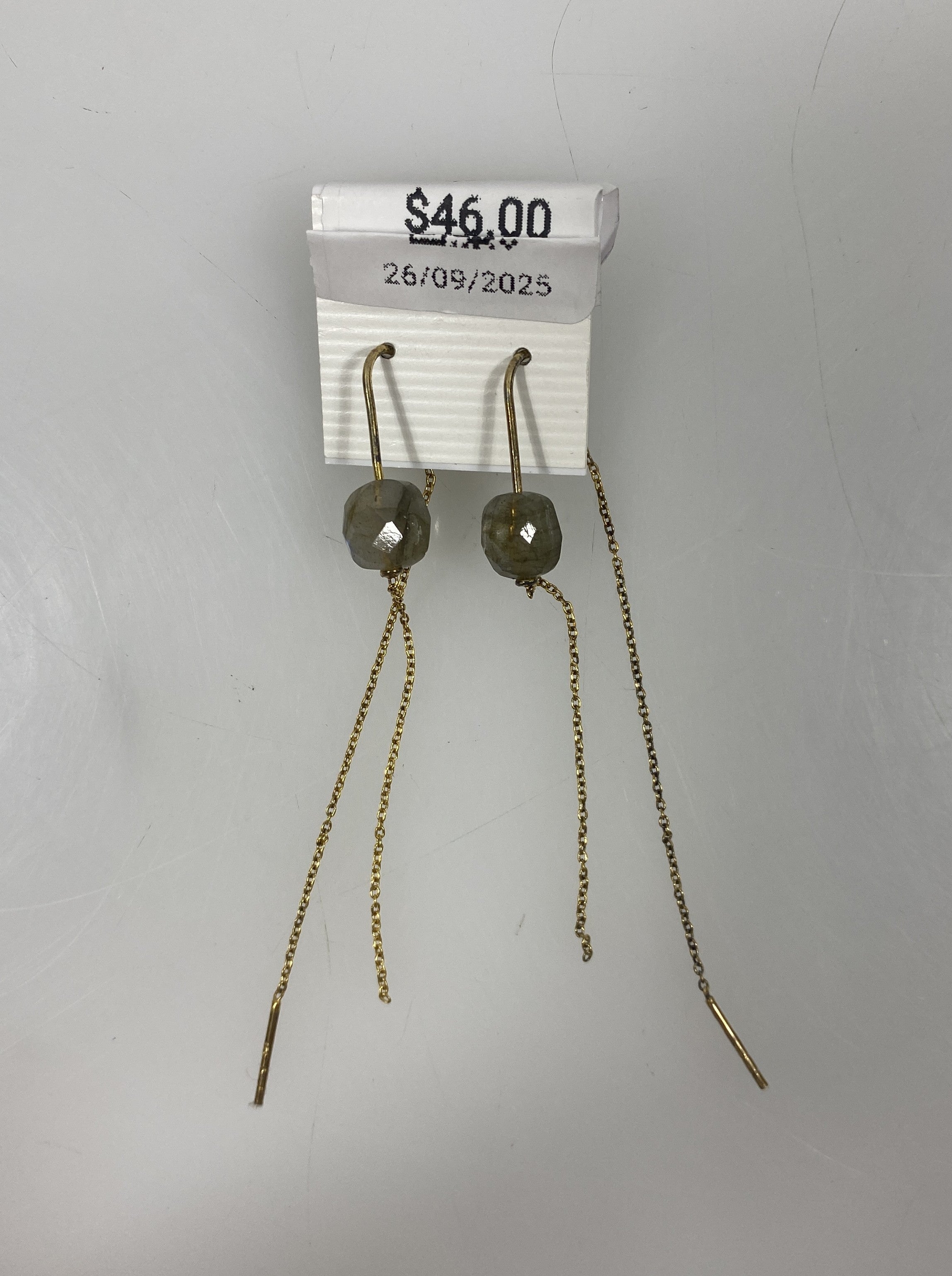 Gold Transparent Purple and Grey Bead Chain Dangle Earrings