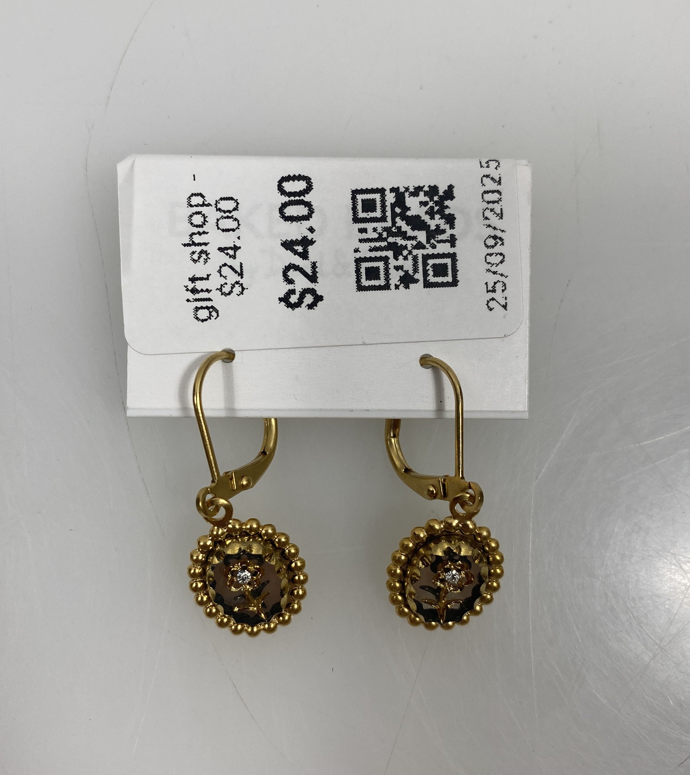 Gold White Etched Flower Earrings
