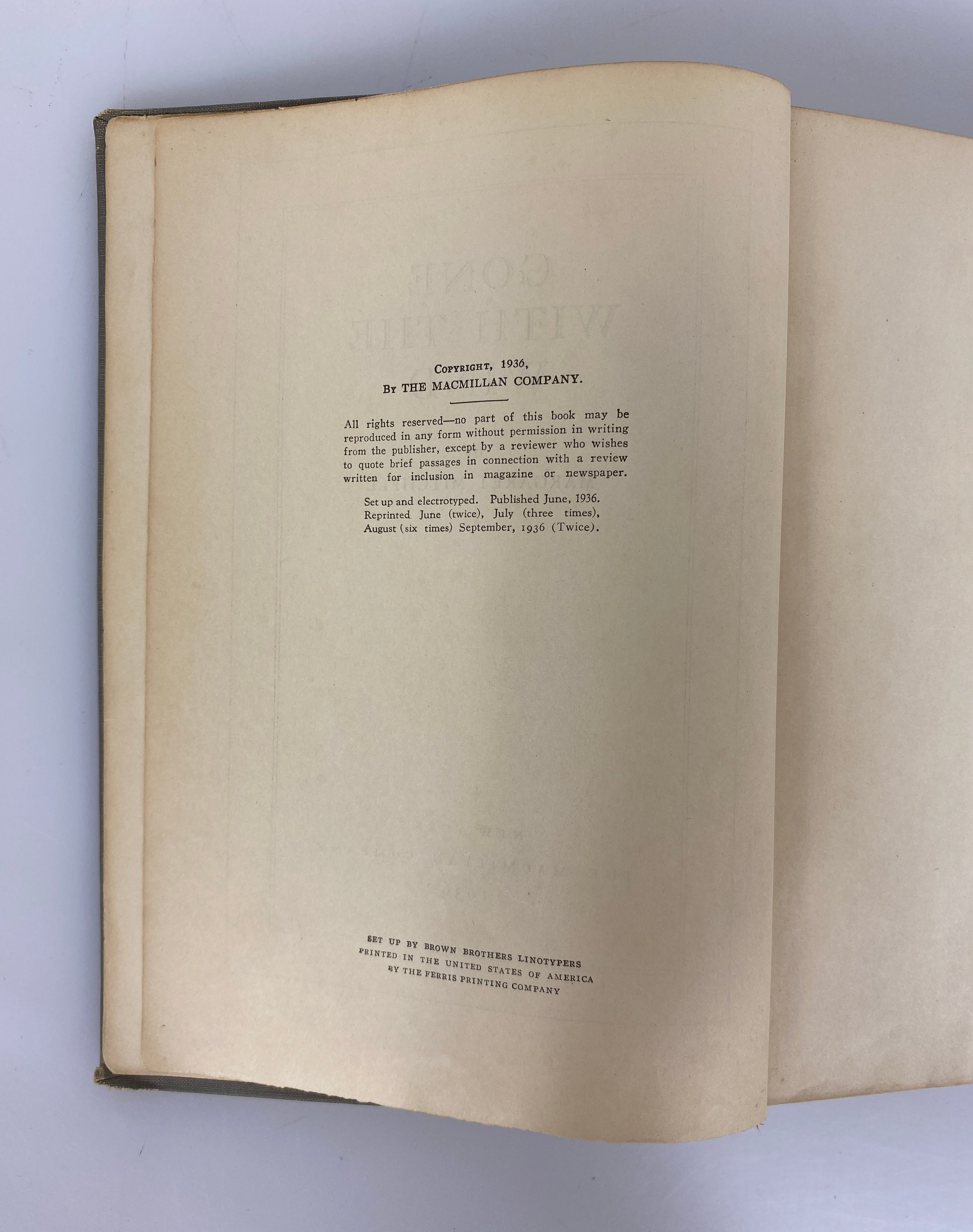 Gone With the Wind Margaret Mitchell 1936 1st Ed September 1936 Printing HC