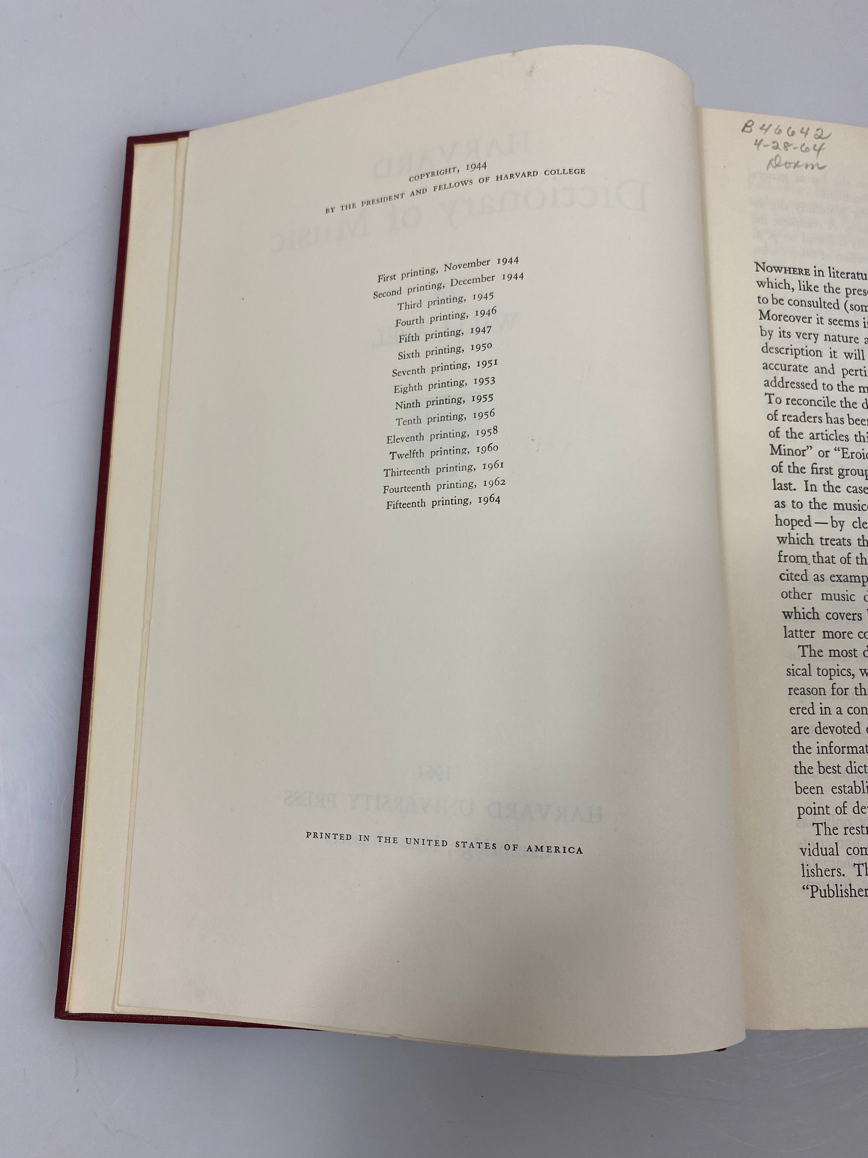 Harvard Dictionary of Music by Apel Ex-library 1964 HC