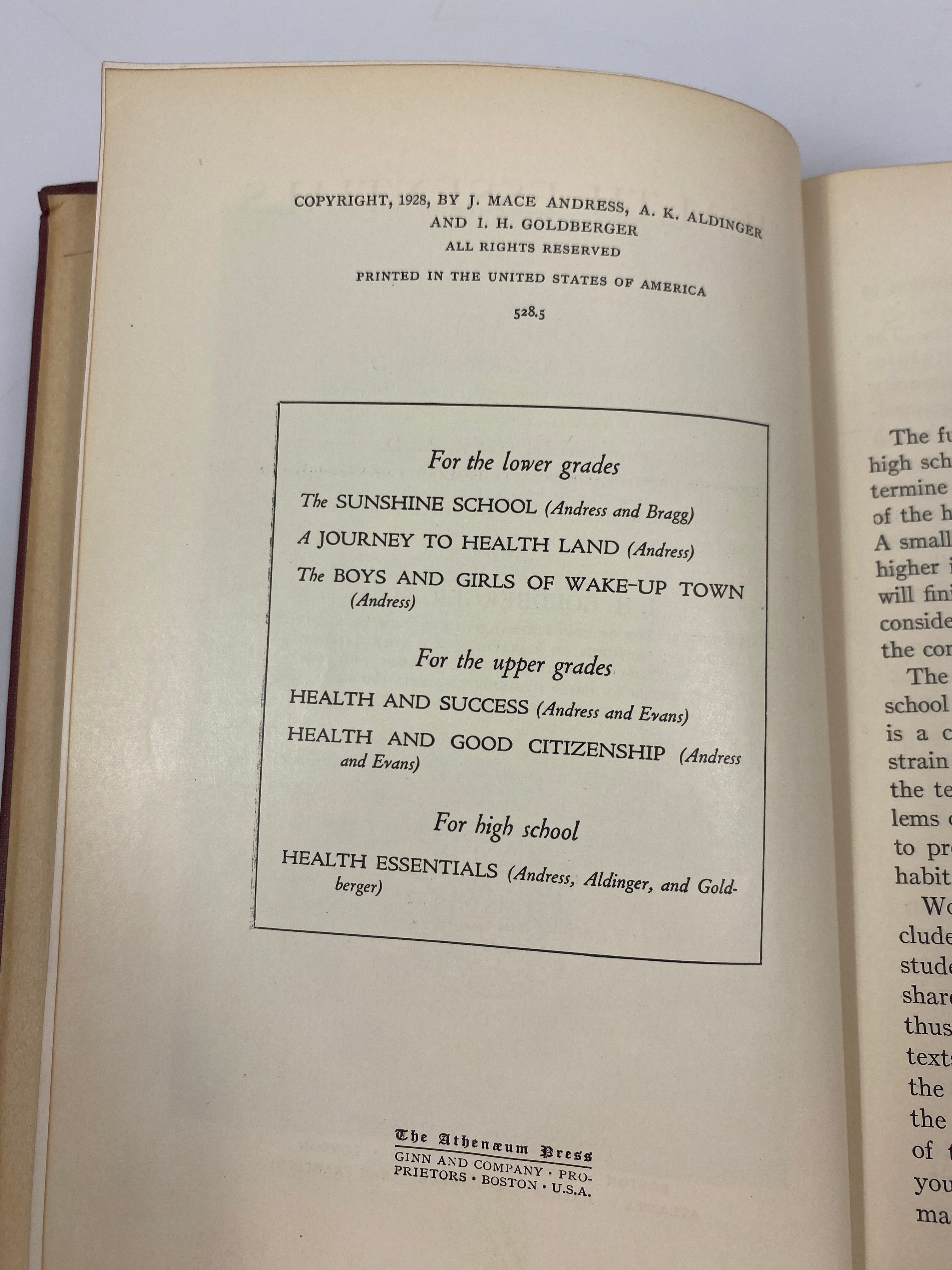 Health Essentials by Andress/Aldinger/Goldberger 1928 HC