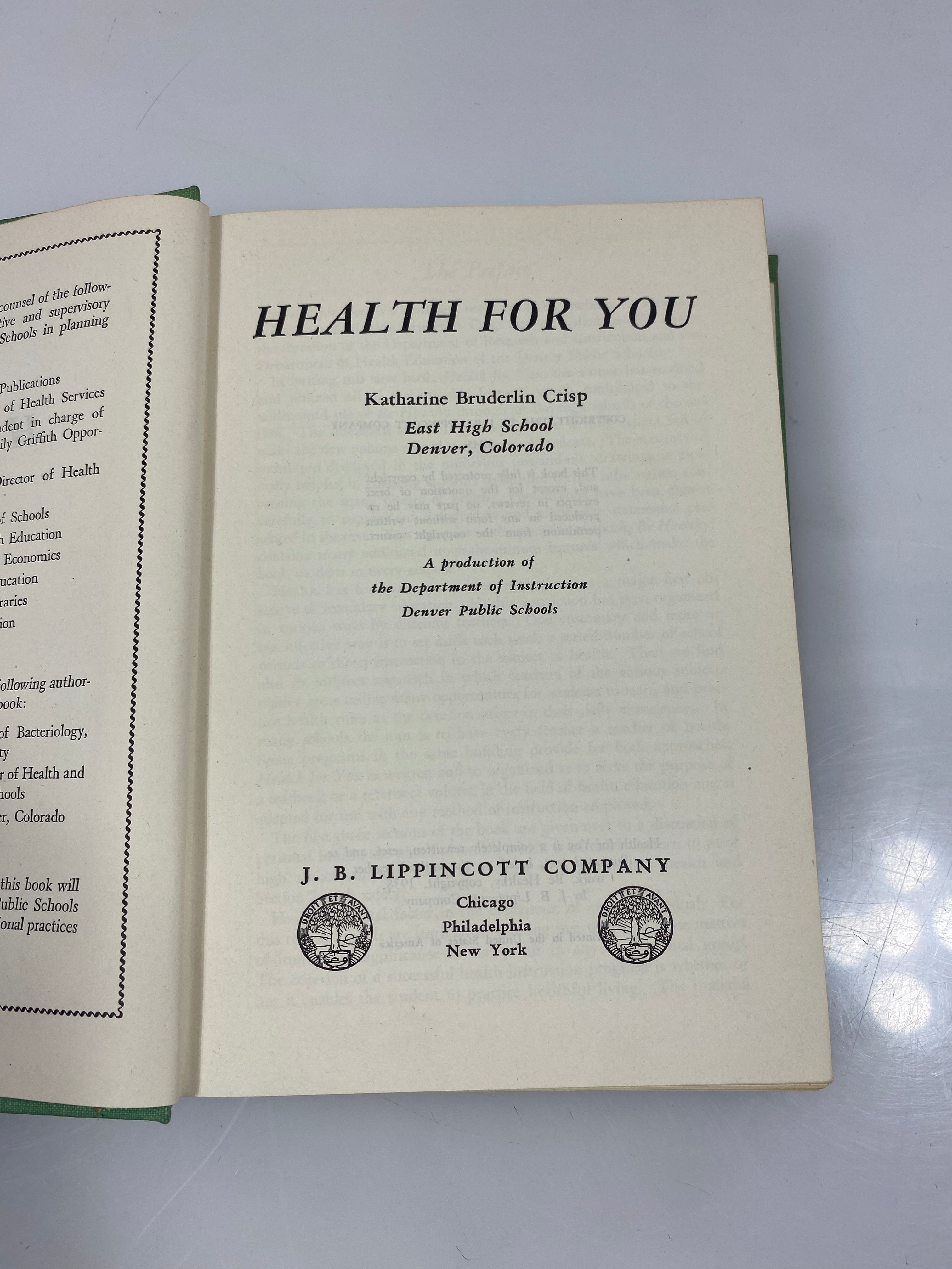 Health For You by Crisp JB Lippincott 1944 HC