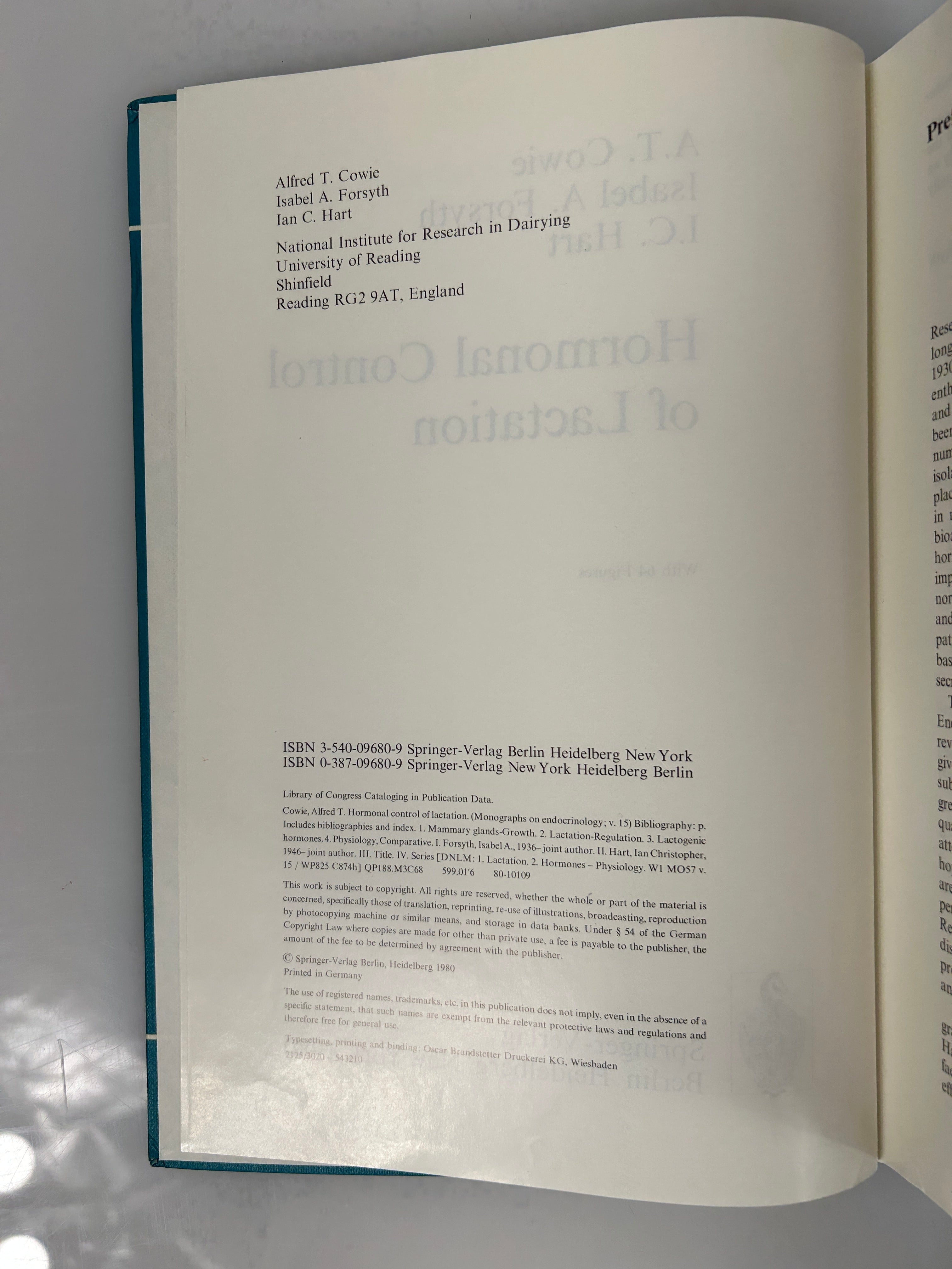 Hormonal Control Of Lactation Cowie Endocrinology Milk Dairy Mammary 1980 HC