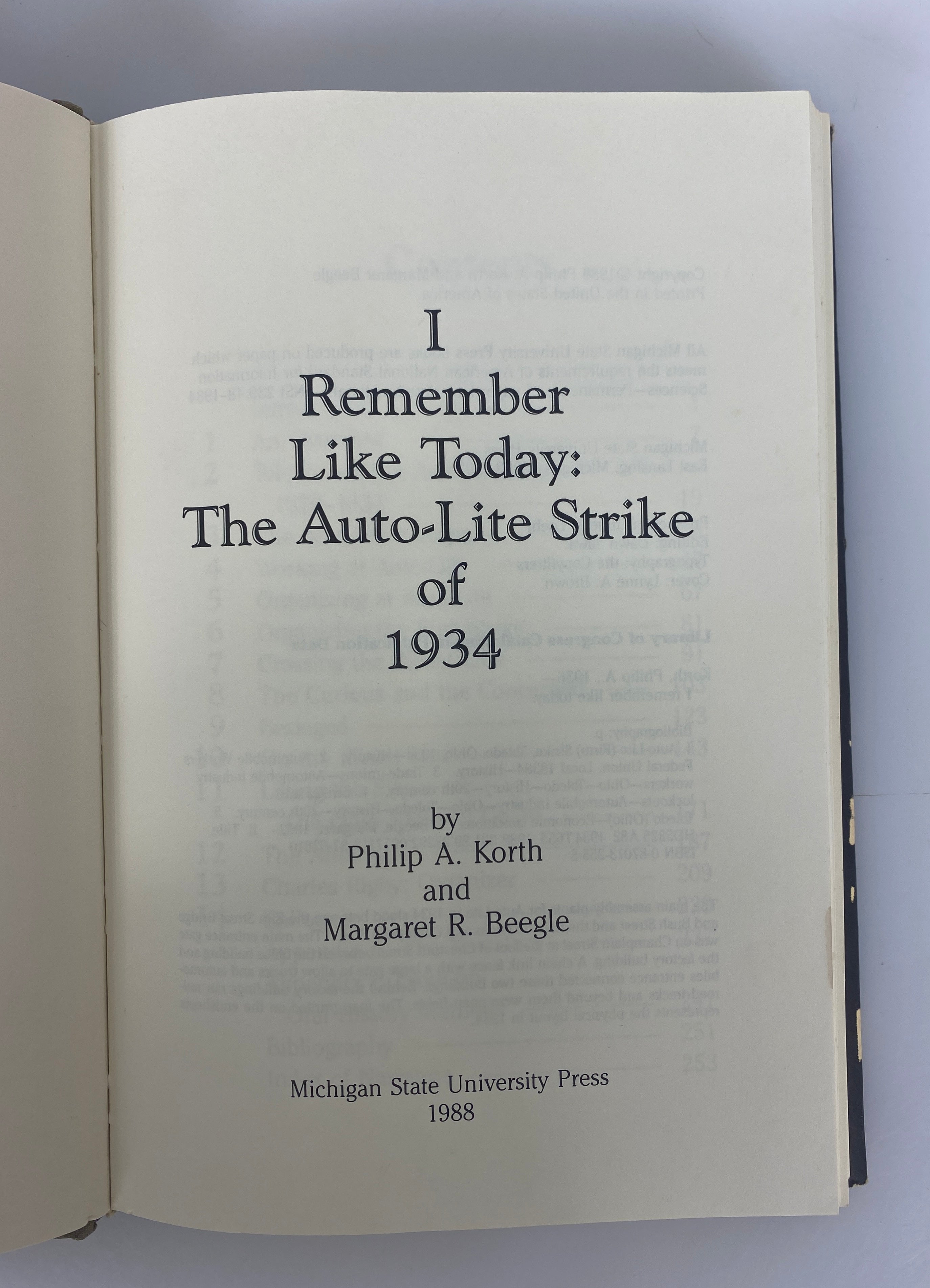 I Remember Like Today by Korth/Beegle the Auto-Lite Strike of 1934 Signed HC DJ