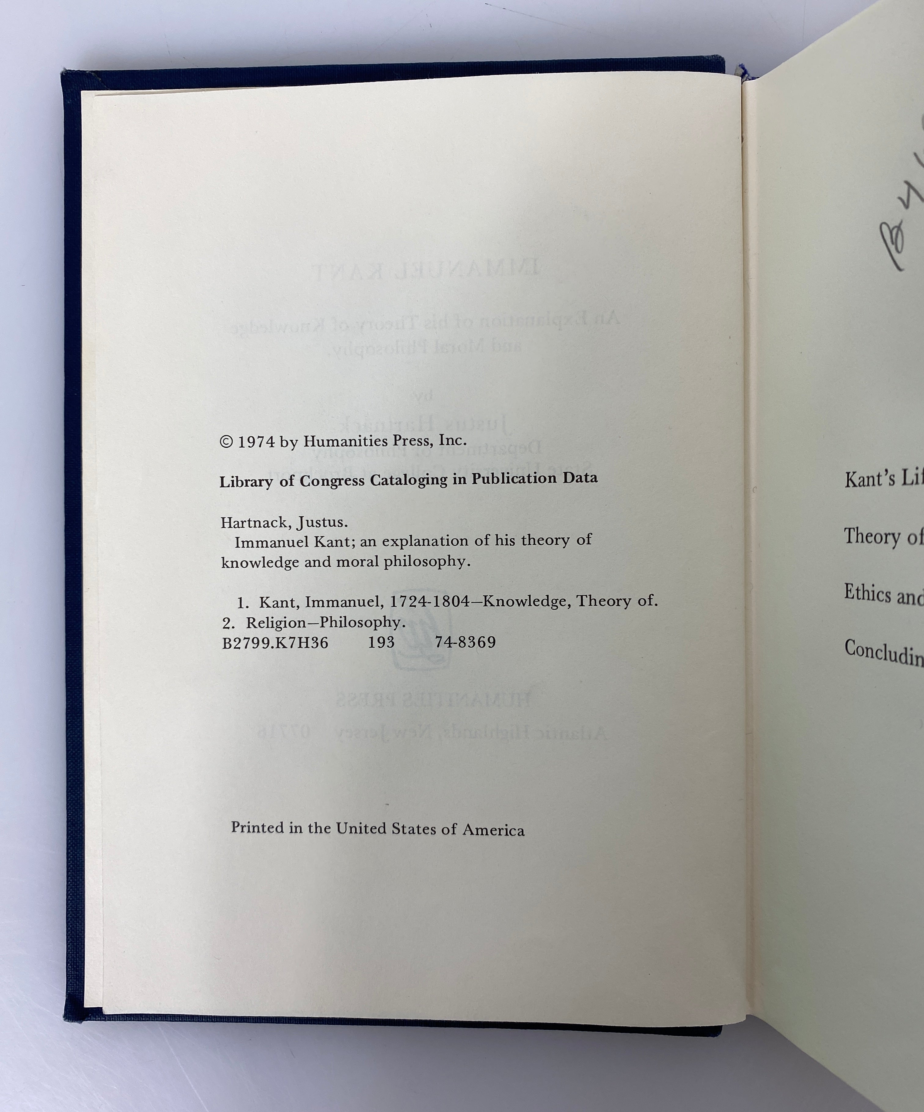 Immanuel Kant Knowledge & Moral Philosophy by Justus Hartnack 1974 Ex-Library HC