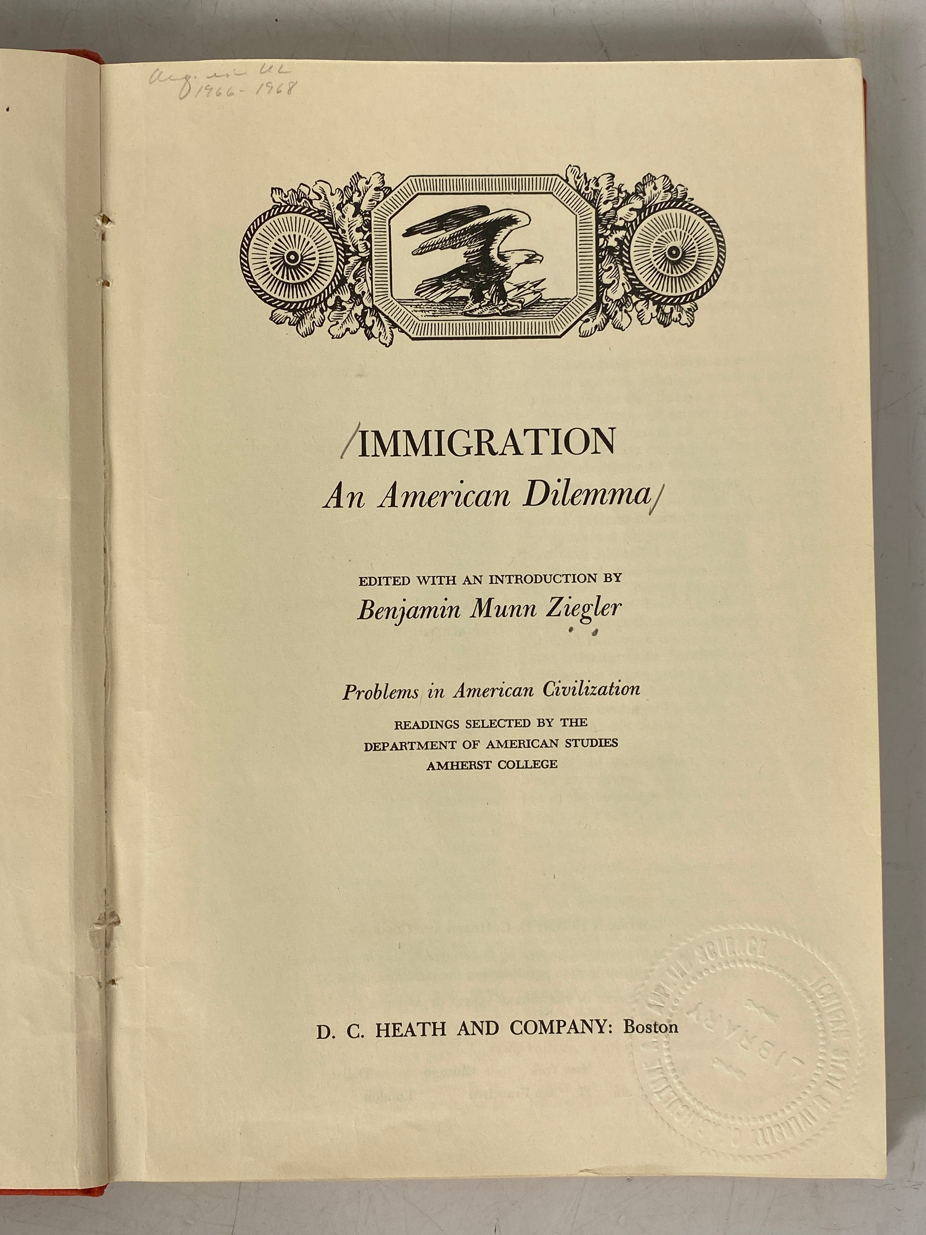 Immigration an American Dilemma by Ziegler 1953 Vintage HC Ex-Library