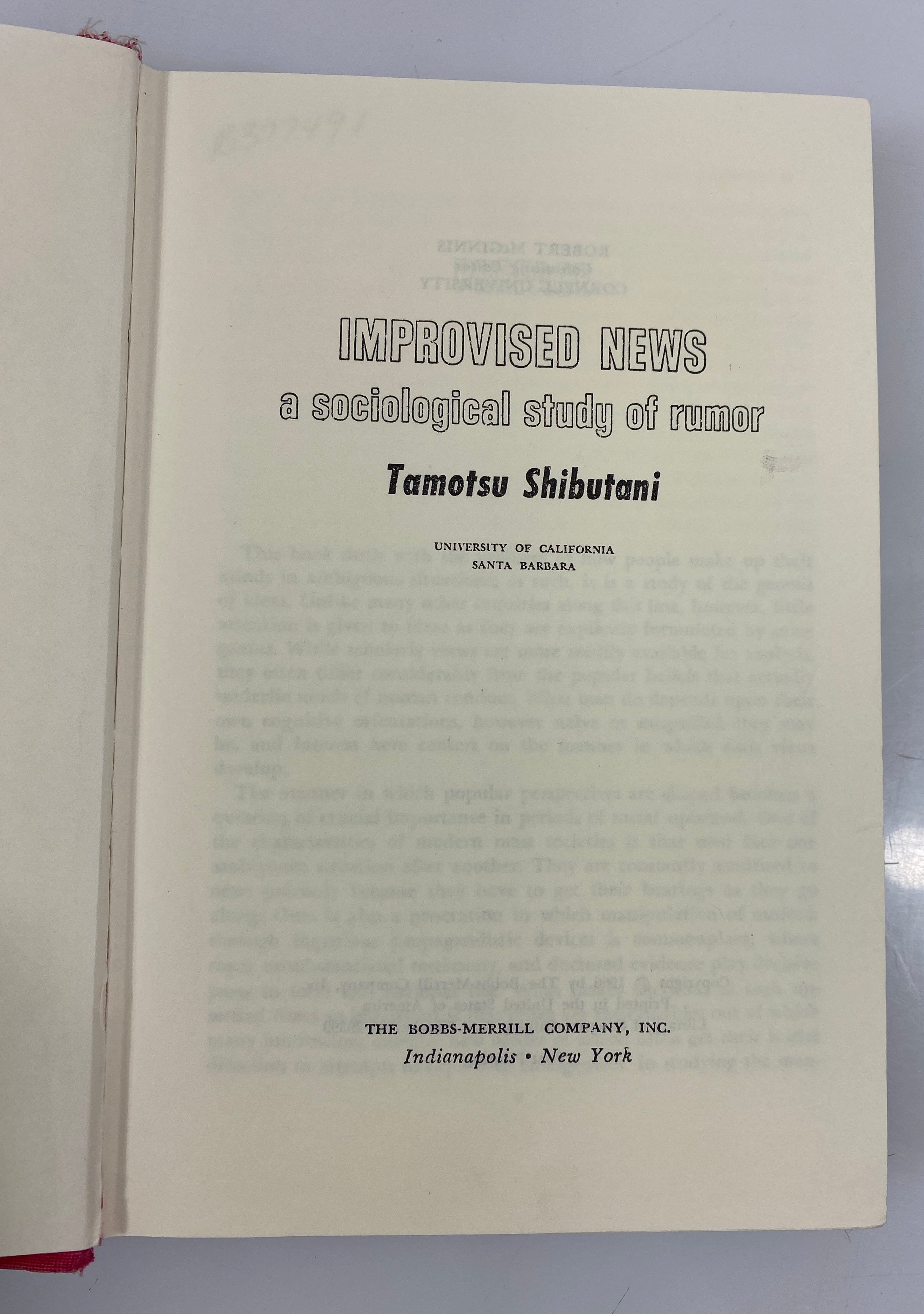 Improvised News by Tamotsu Shibutani 1966 1st Print. Ex-Library HC