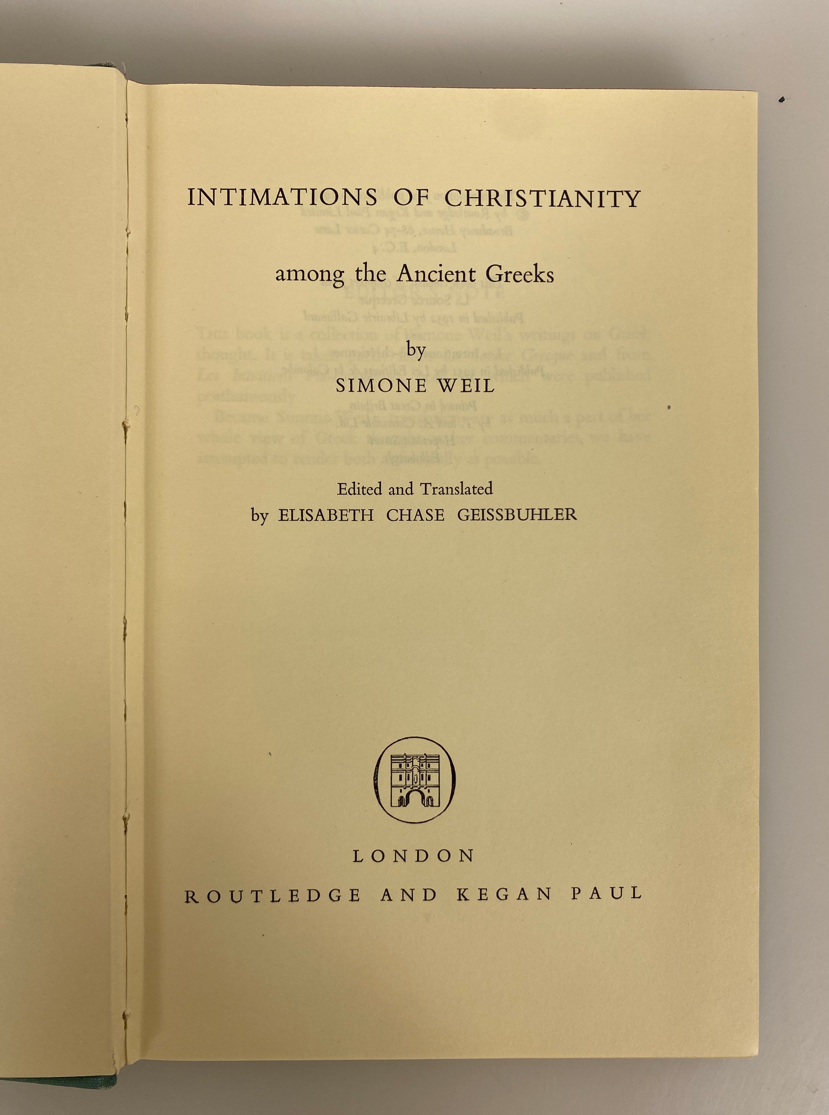 Intimations of Christianity Among the Ancient Greeks Simone Weil 1957 Ex-Library