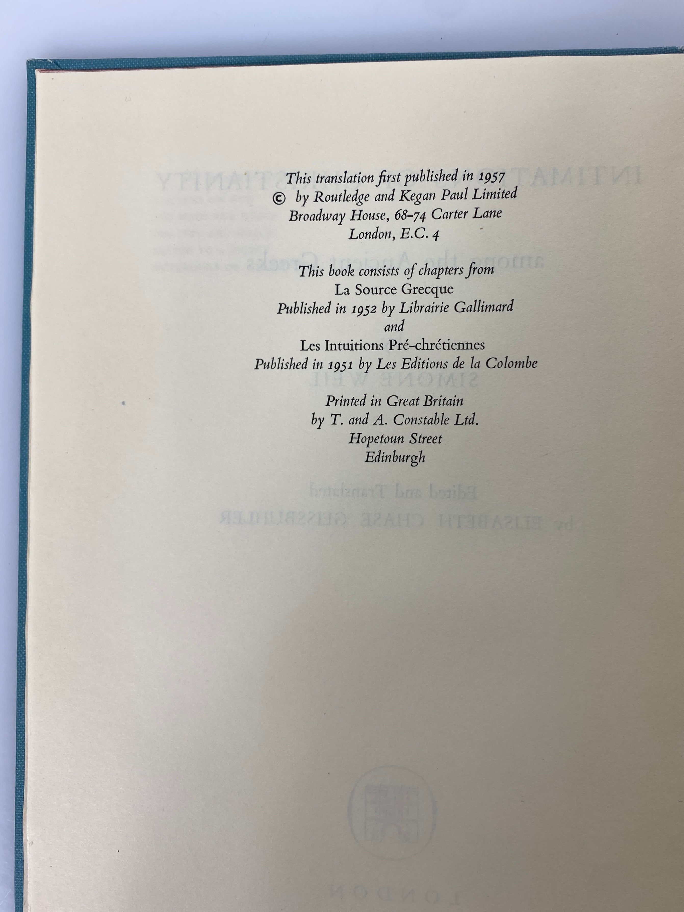 Intimations of Christianity Among the Ancient Greeks Simone Weil 1957 Ex-Library