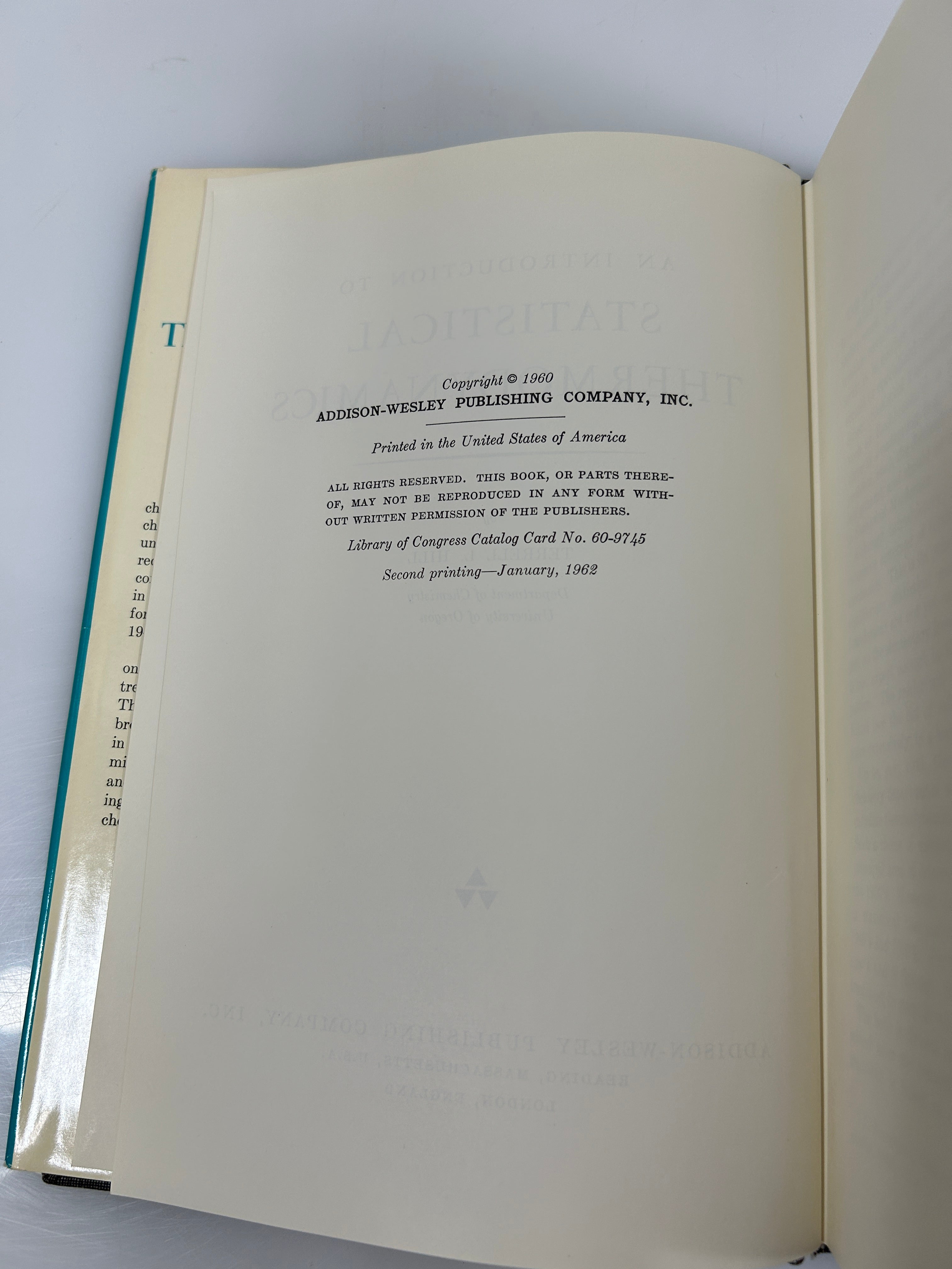 Introduction to Statistical Thermodynamics by Terrell L. Hill Addison Wesley HCDJ