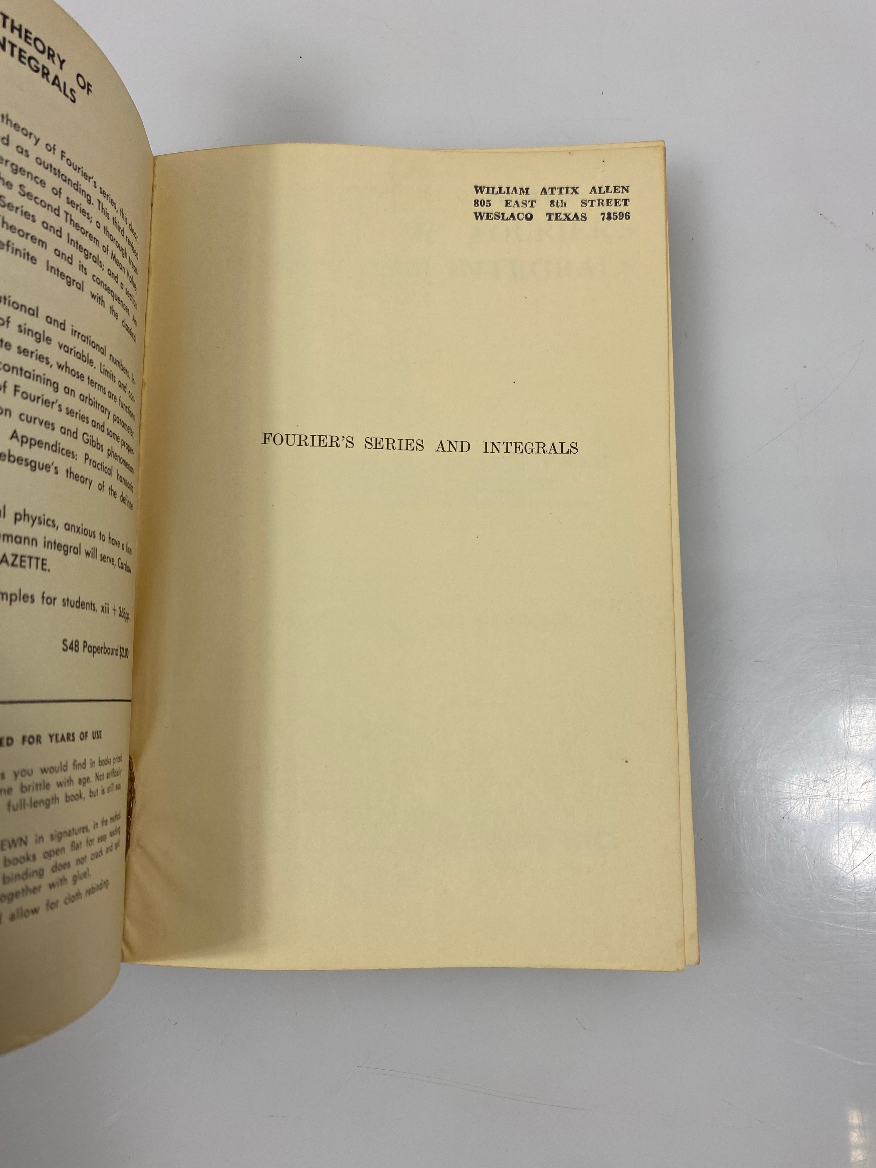 Introduction to the Theory of Fourier's Series and Integrals by Carslaw 1930 SC
