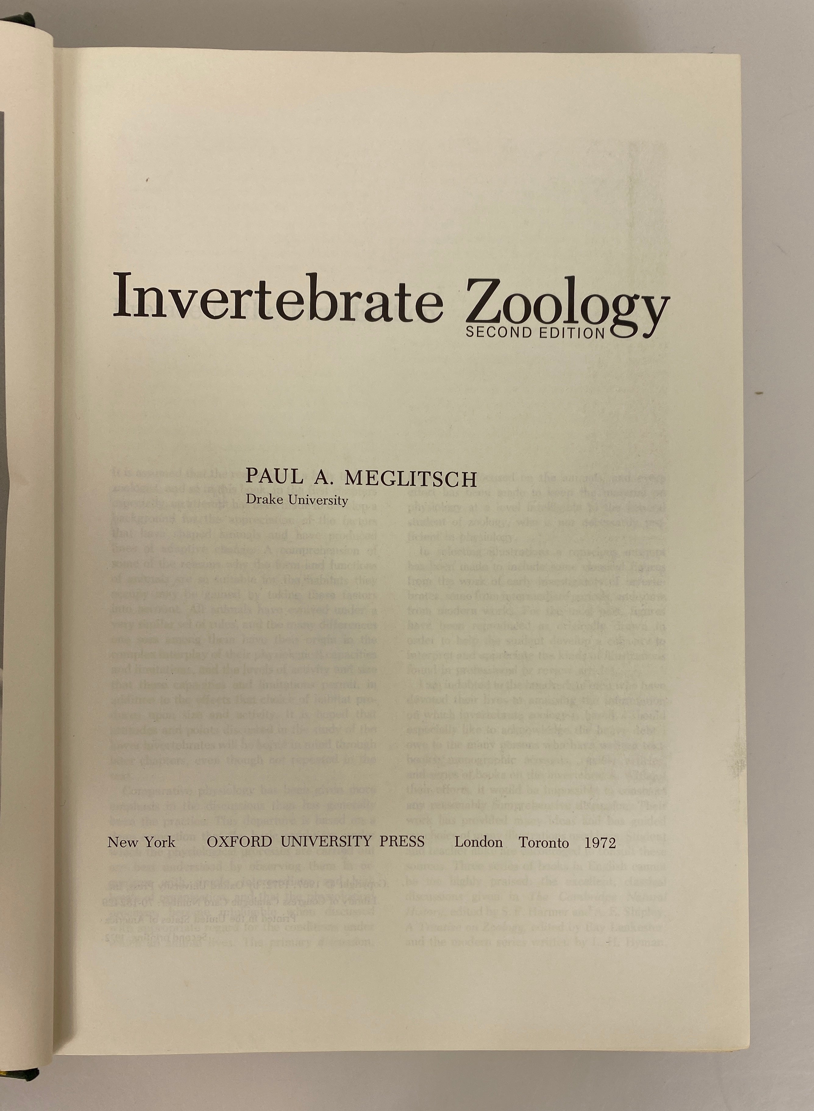 Invertebrate Zoology by Paul Meglitsch 1972 2nd Edition HC DJ