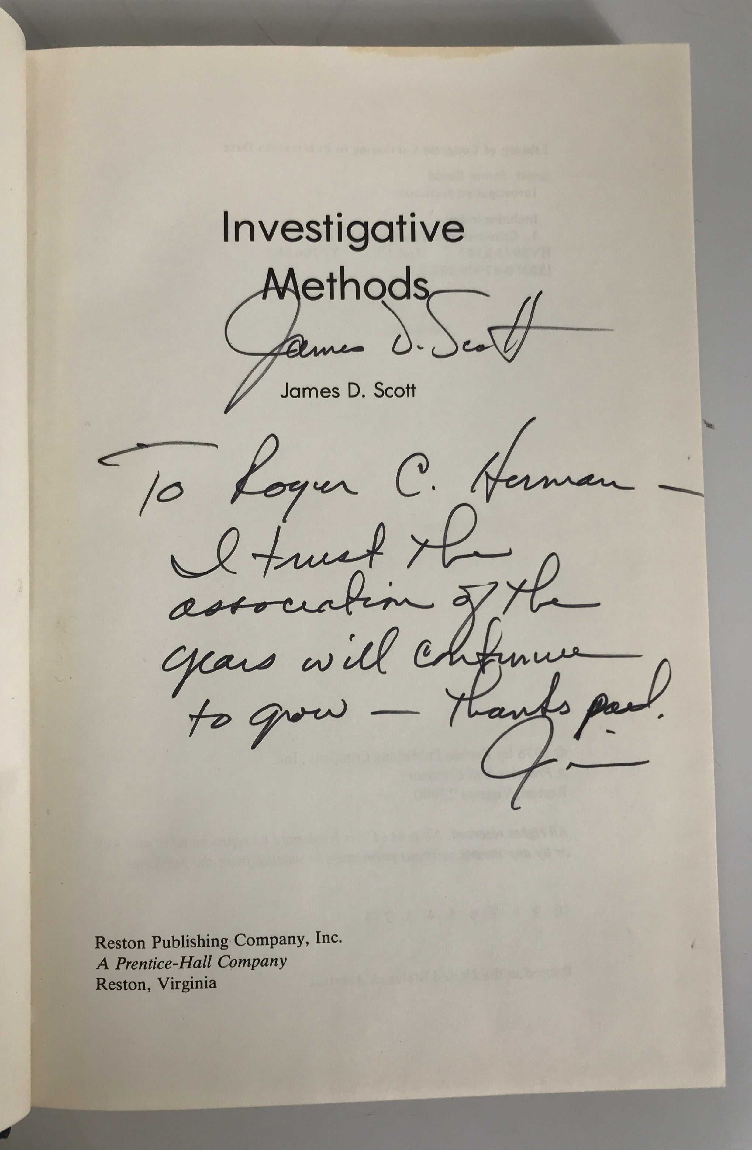 Investigative Methods by James Scott 1978 Signed HC DJ