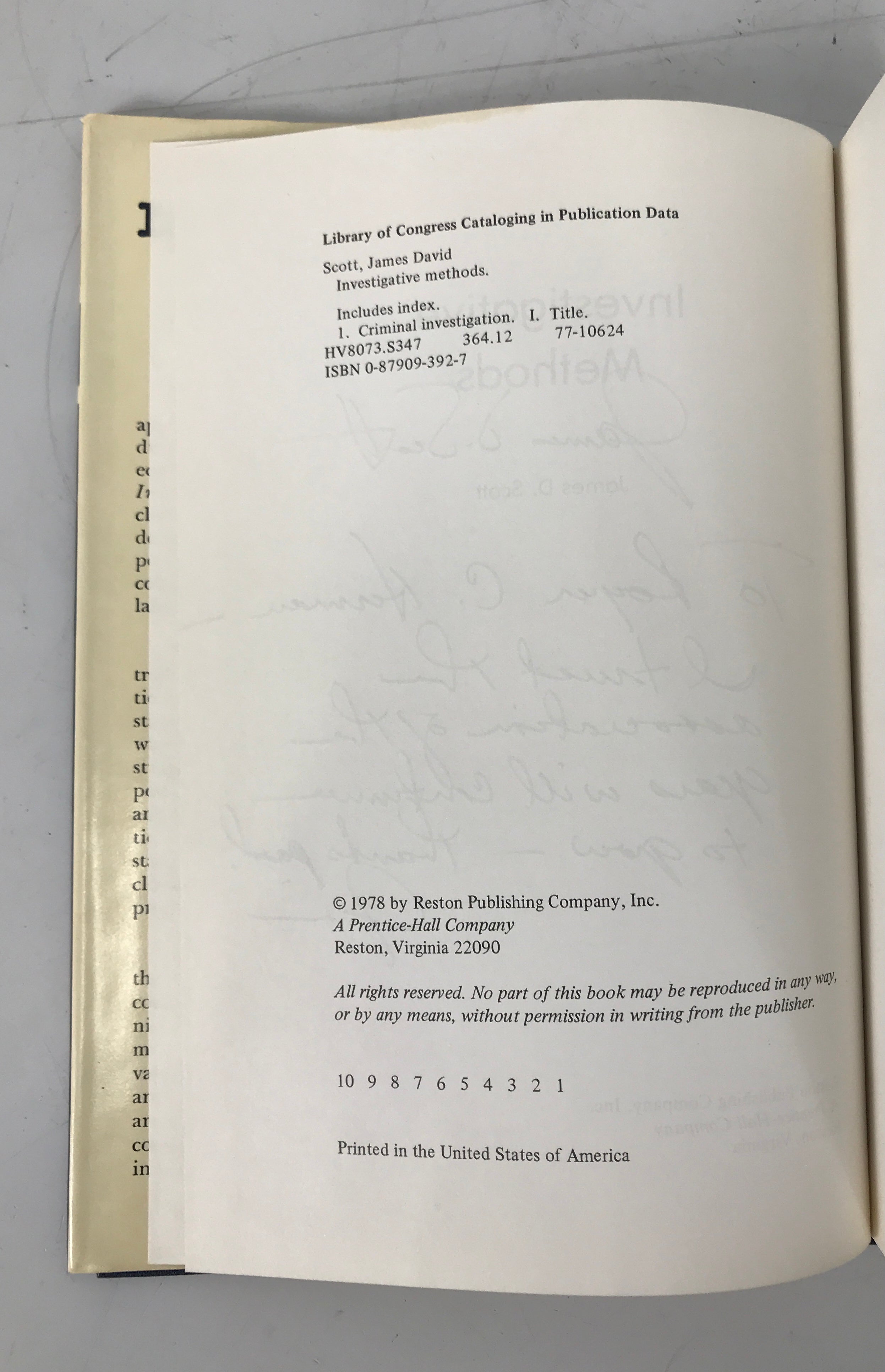 Investigative Methods by James Scott 1978 Signed HC DJ