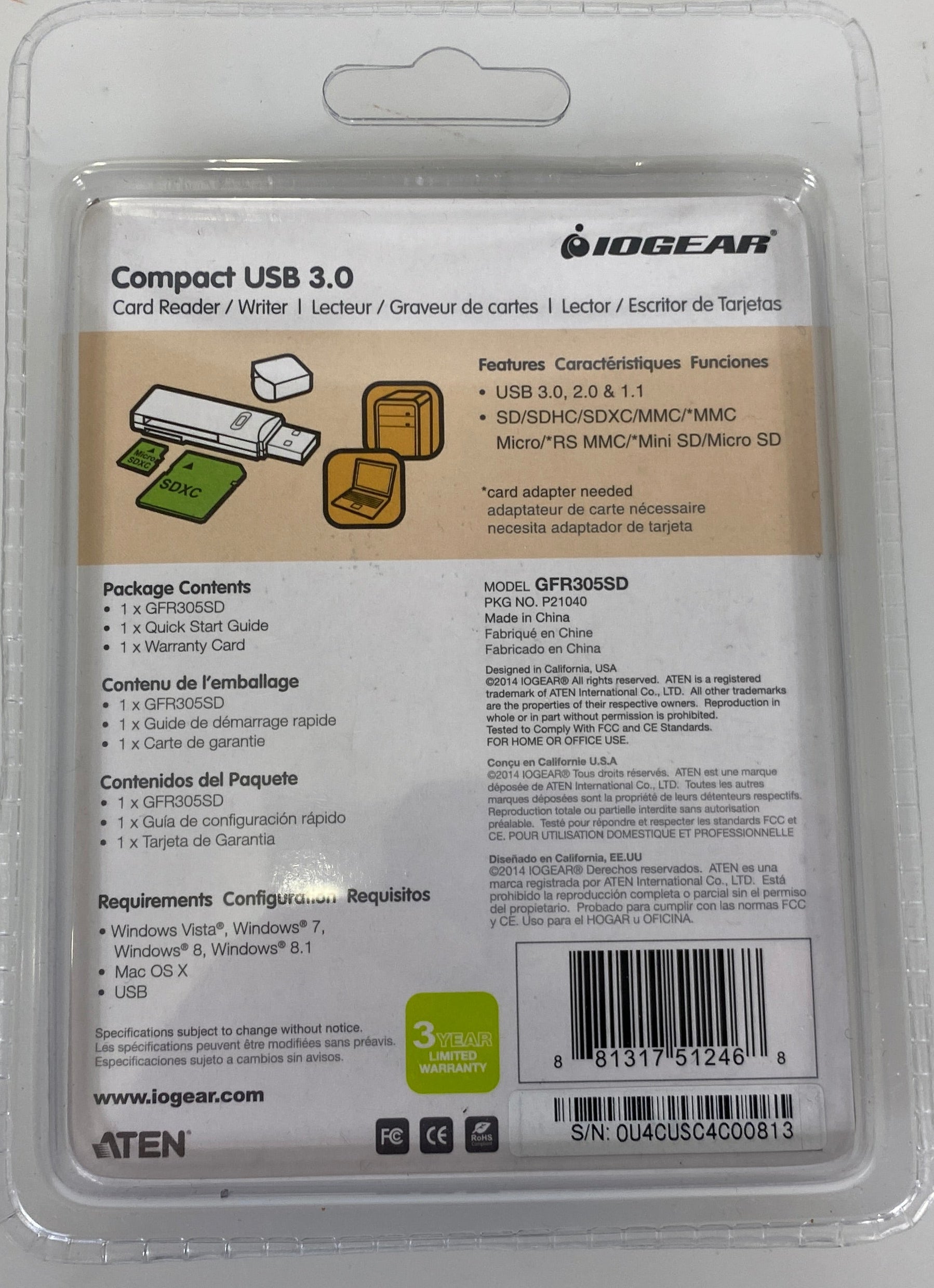 IOGear GFR305SD Compact USB 3.0 Card Reader/Writer *New*