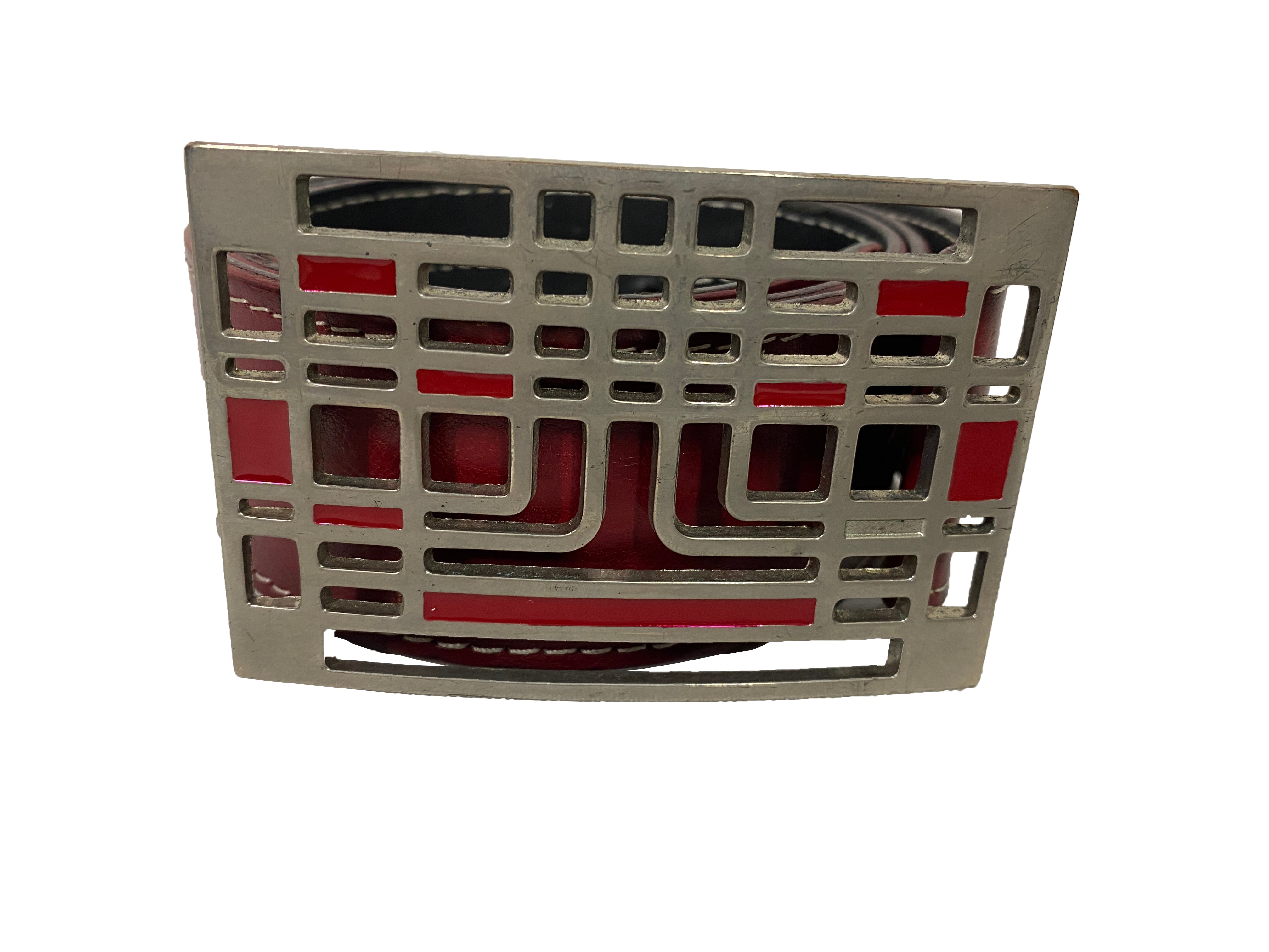 J. Lindberg Stockholm Vintage Geometric Maze Cutout Buckle Red Leather Golf Belt Size 34
