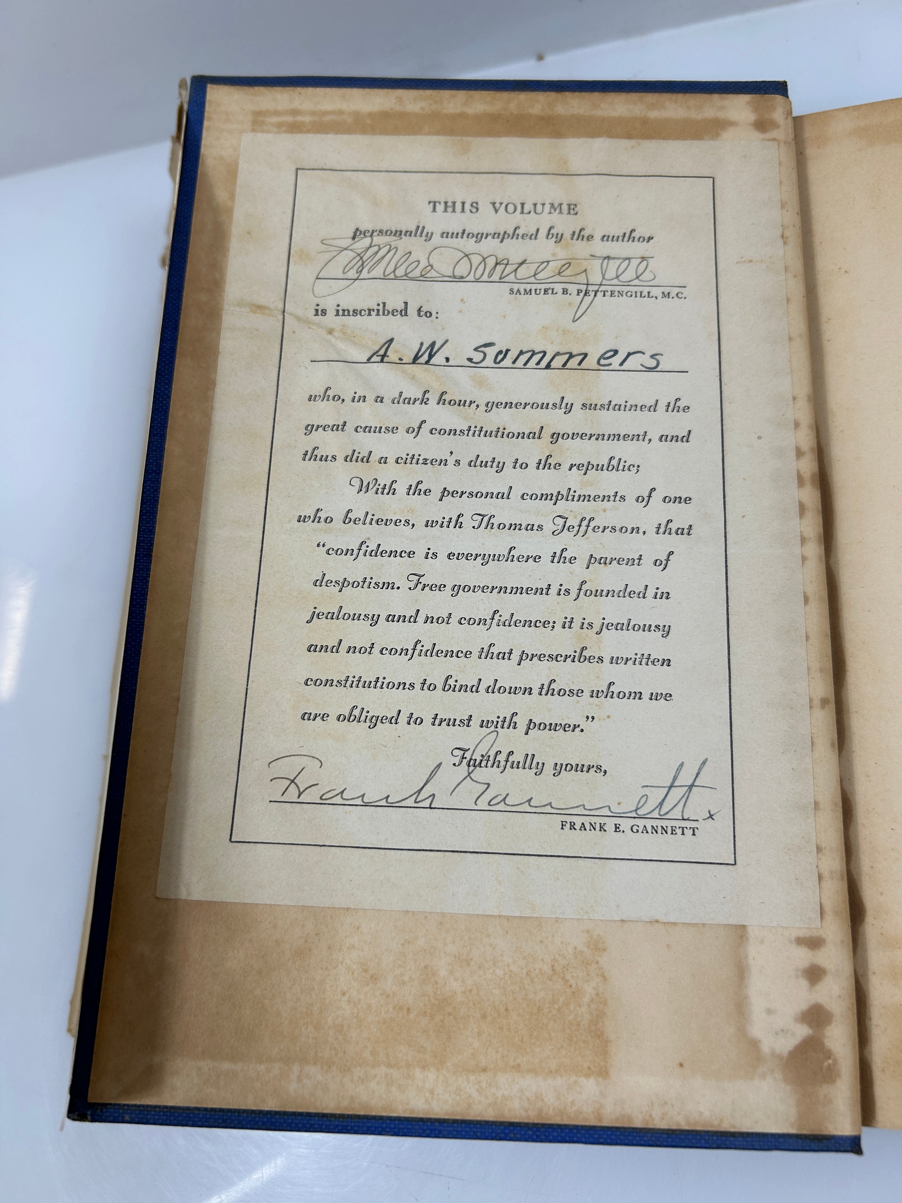 Jefferson The Forgotten Man by Samuel B. Pettengill  *signed* 1938 HCDJ